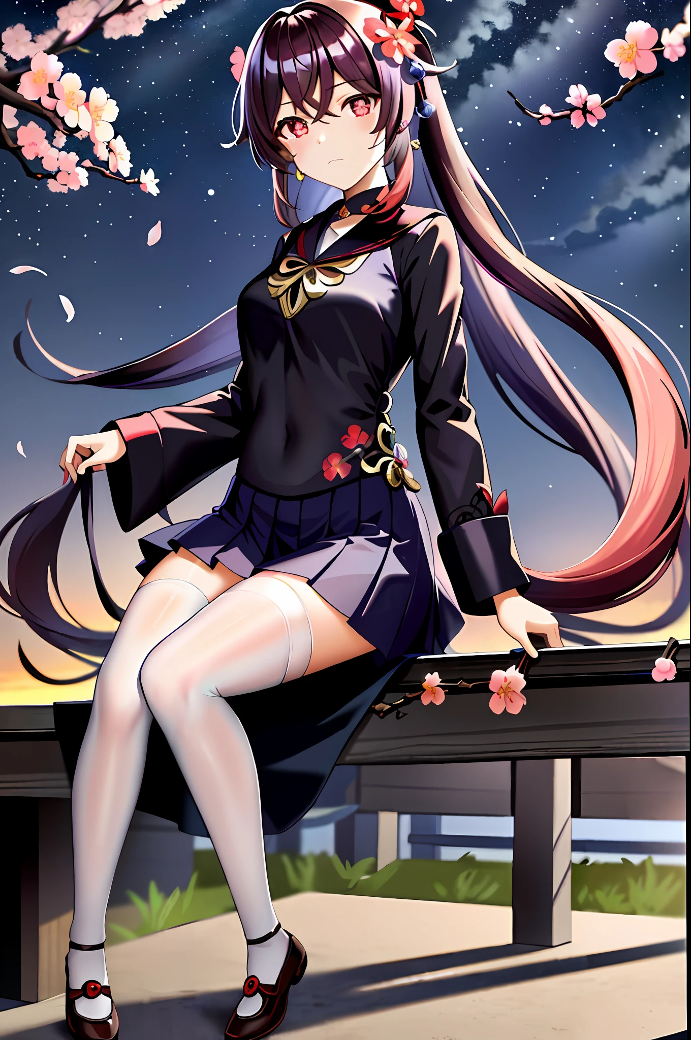 (((masterpiece))),bestquality,illustration,hutao\(genshin\), 1girl,full body, standing, (red eyes), (plum blossom shaped eyes), (beautifuldetailedeyes),cute face, aqua eyes, looking at viewer,expressionless eyes, crying with eyes open, tears,sad, frown, closed mouth, navy blue serafuku, pleated_skirt, white thighhighs, uwabaki, earrings, necklace, sitting, dusk, sunset, sky, cityscape, landscape, beautiful detailed sky,
