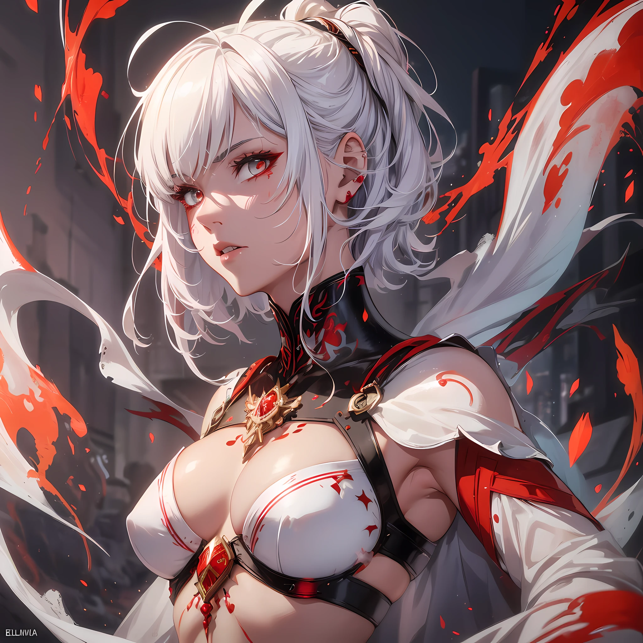 8k, ultra hd, female character, elegant armor, short white hair, white eyes, elfic ears, white and red colors, henna tattoo in her face red color, red bloody bubbles in background, oily dragons, grimes neofantasy anime gene CRISPR, 3D, powerfull pose, epic