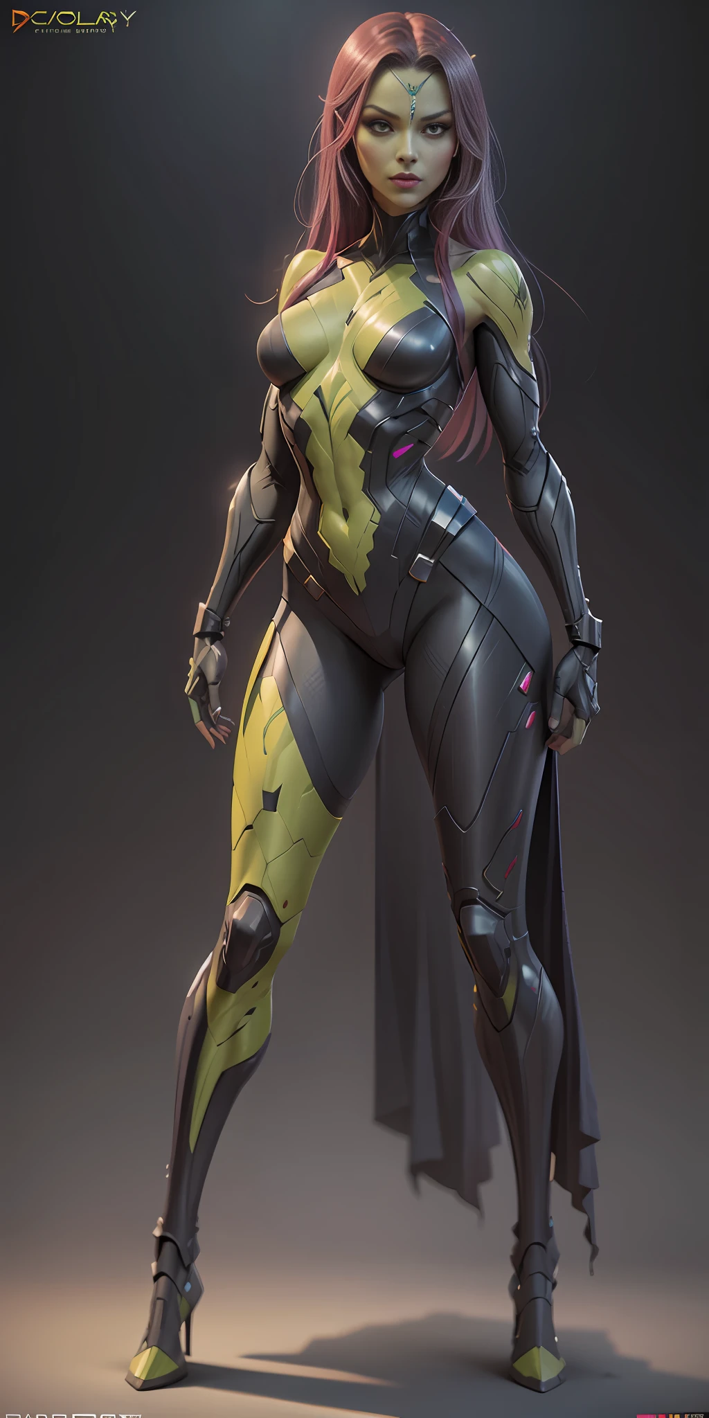 Gamora from Marvel, frontal, full-length, looking at the camera, facing the audience, standing pose, simple background, three-dimensional light, detailed full-body concept, sleek digital concept art, beautiful full-body concept art, art trend, full-length CGsociety,