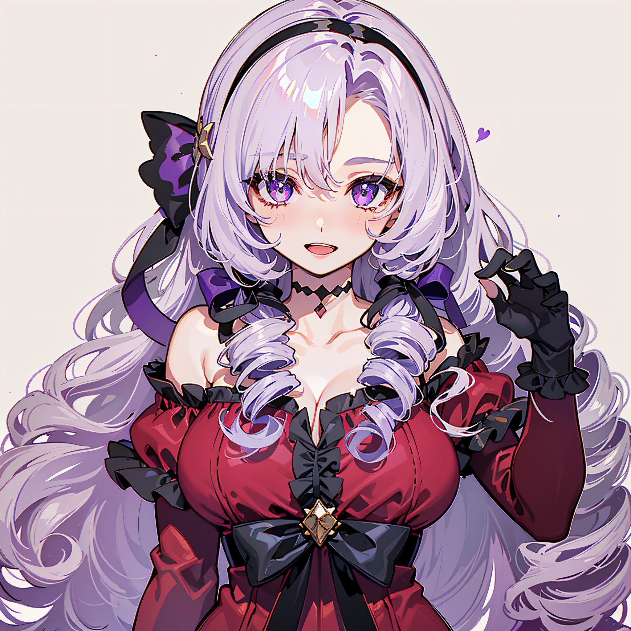 Solo, Long hair, Chest, Drill hair, Twin Drill, Gloves, Dress, Purple eyes, Eye stars, Garter straps, Red dress, Hair band, Look at viewer, Smile, White background, Purple hair, Cleavage, Bangs, Black gloves, Tattoo on chest, Ribbon, Bare shoulders, Blushing, Simple background, Open mouth, Purple hair ribbon on the right side, Lilac hair, long sleeves, detached sleeves, off-shoulder dress, nail ring, black hair band, off-shoulder, collarbone, parted bangs, masterpiece, top quality, photorealistic, 3D, shiny_skin, shiny_hair, dynamic angles, beautiful detailed shine, HDR, Rembrandt lighting, colorful refraction, lens flare, bloom, film reflection, chromatic aberration, light diffusion, public obscenity, cowboy shot, deep meaning, physically based rendering, bright, vibrant, complex,