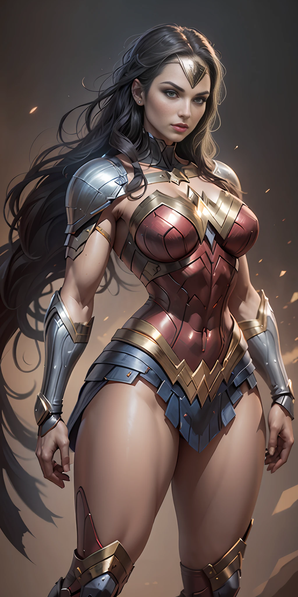 Knight Wonder Woman from DC, big breasts, frontal, full-length, looking at the camera, facing the audience, standing pose, simple background, three-dimensional light, detailed full-body concept, sleek digital concept art, beautiful full-body concept art, art trend, full-length CGsociety,