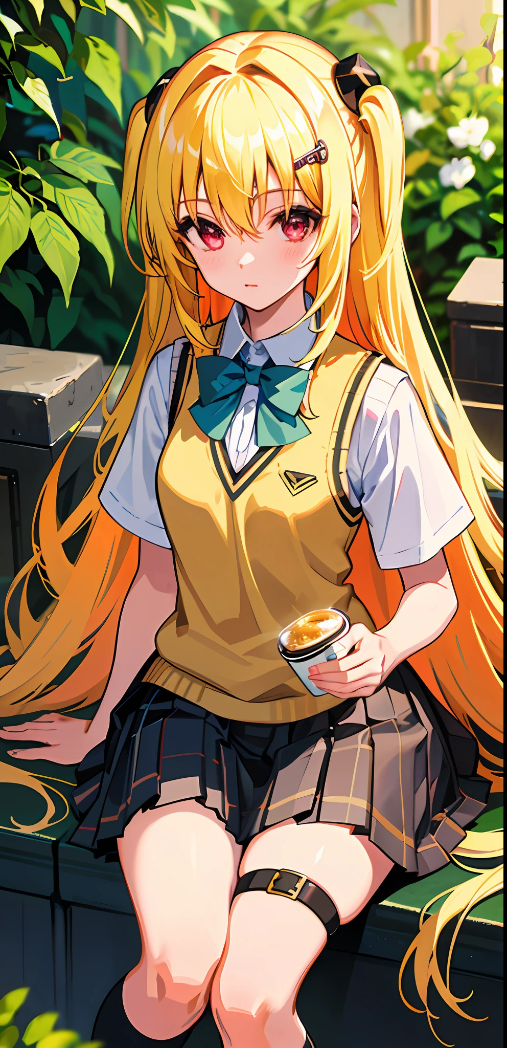 (masterpiece:1.6, best quality), (finely detailed beautiful eyes: 1.2), phyami, yamisch, 1girl, long hair, solo, school uniform, hair ornament, hair between eyes, two side up, blonde hair, very long hair, skirt, red eyes, thigh strap, sweater vest, plaid skirt, plaid, socks, two side up, hair ornament, pleated skirt, kneehighs
,