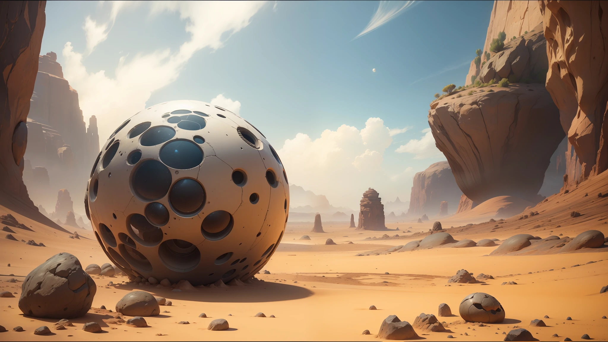 there is a large ball with a face on it in the desert, unreal engine 5 showcase, psytrance artwork, floating rocks, by Thomas Scholes, trending on artstaton, backscatter orbs, otherland, cinematic lighting and shadows, shot for imax, fractal landscape --auto --s2