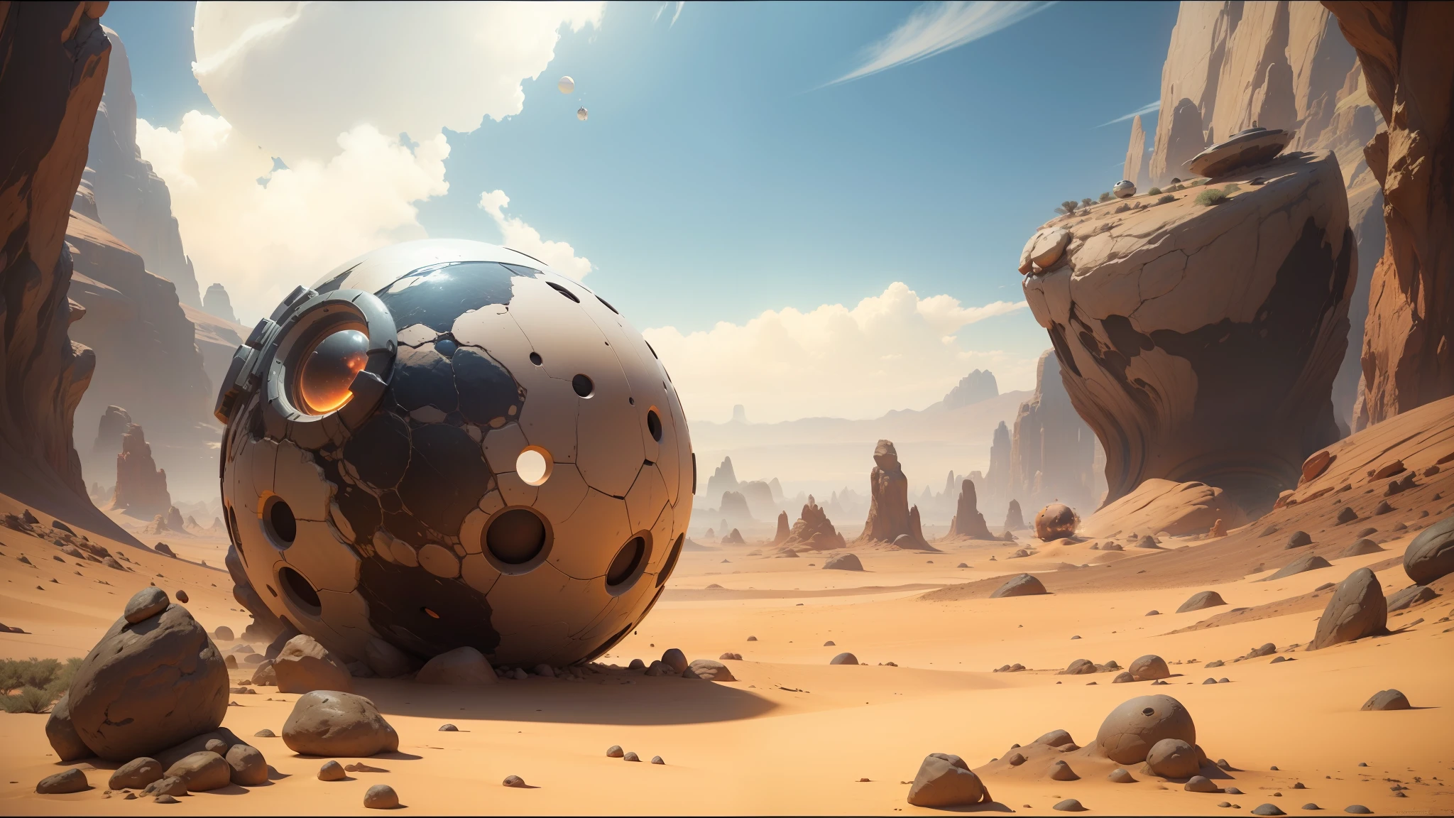 there is a large ball with a face on it in the desert, unreal engine 5 showcase, psytrance artwork, floating rocks, by Thomas Scholes, trending on artstaton, backscatter orbs, otherland, cinematic lighting and shadows, shot for imax, fractal landscape --auto --s2