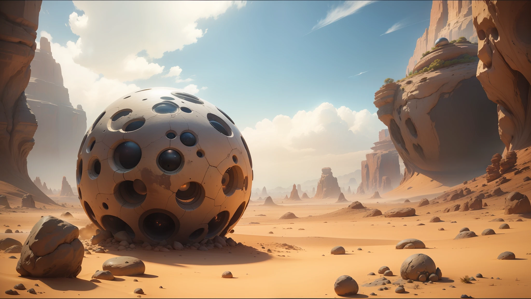 there is a large ball with a face on it in the desert, unreal engine 5 showcase, psytrance artwork, floating rocks, by Thomas Scholes, trending on artstaton, backscatter orbs, otherland, cinematic lighting and shadows, shot for imax, fractal landscape --auto --s2
