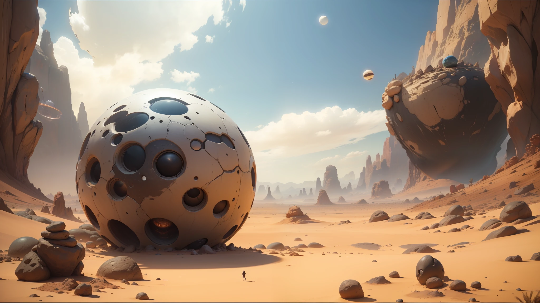 there is a large ball with a face on it in the desert, unreal engine 5 showcase, psytrance artwork, floating rocks, by Thomas Scholes, trending on artstaton, backscatter orbs, otherland, cinematic lighting and shadows, shot for imax, fractal landscape --auto --s2