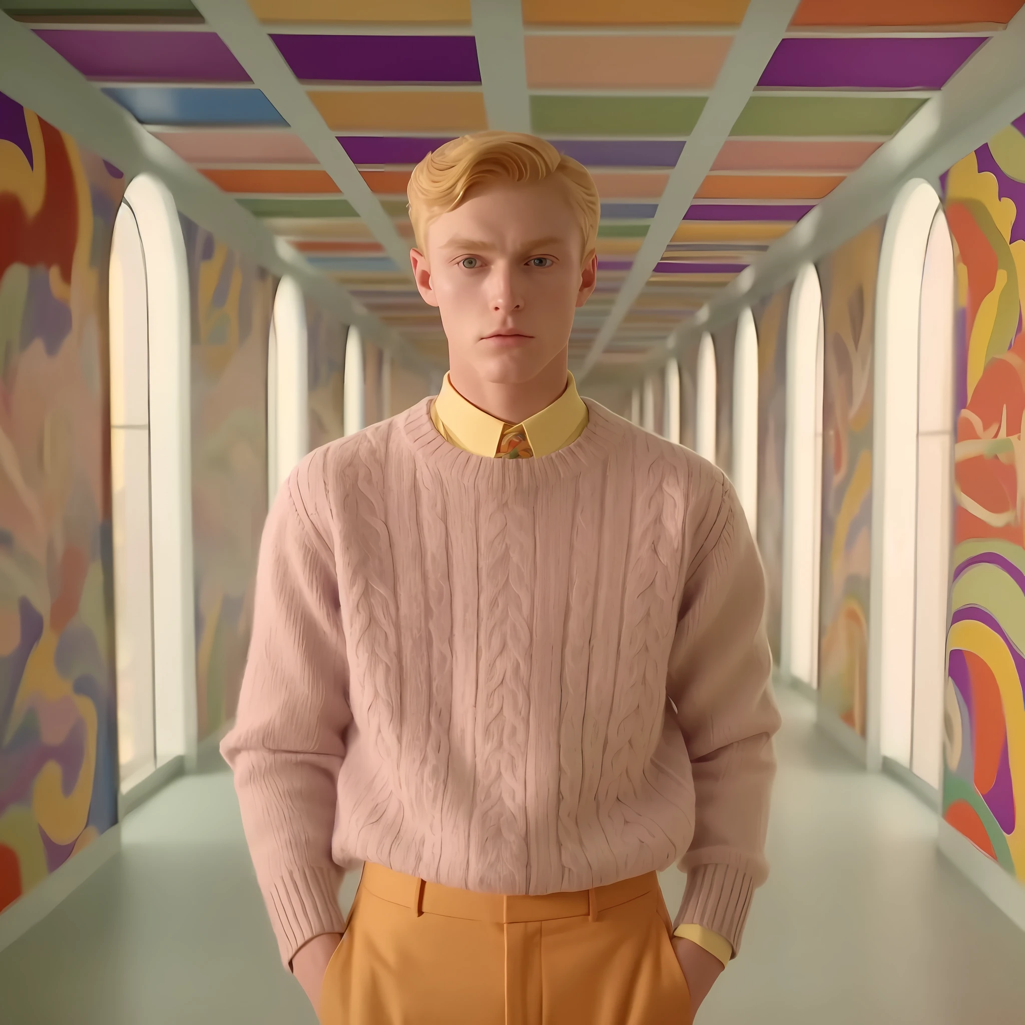 **1990 screengrab of Butters Stotch wearing a pastel-colored cashmere sweater with an intricate intarsia pattern, paired with tailored trousers in a contrasting shade, fashion movie scene, Gucci commercial** -