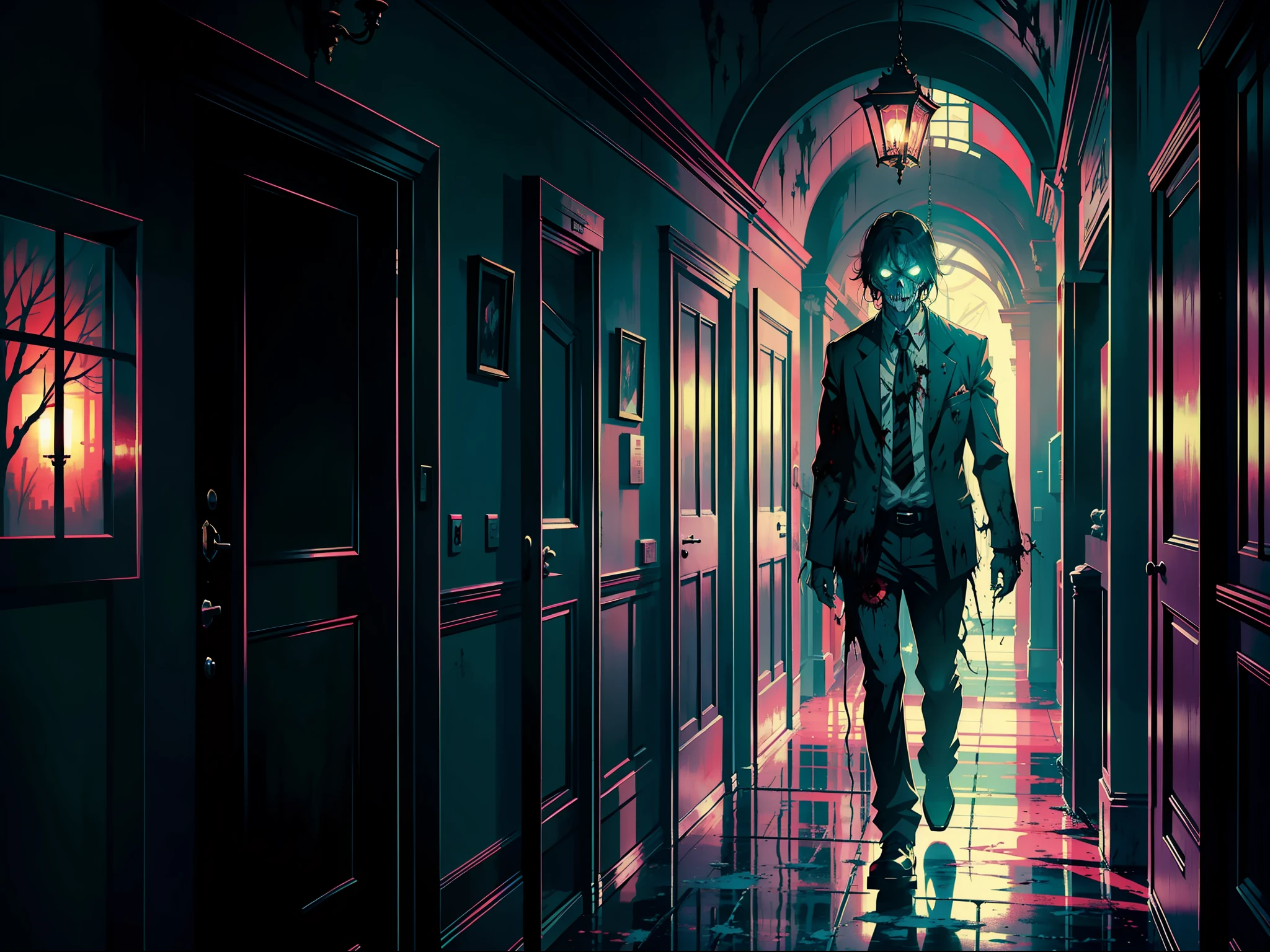 Corridors, corpses, a zombie standing in the doorway, scarlet eyes, surrealism