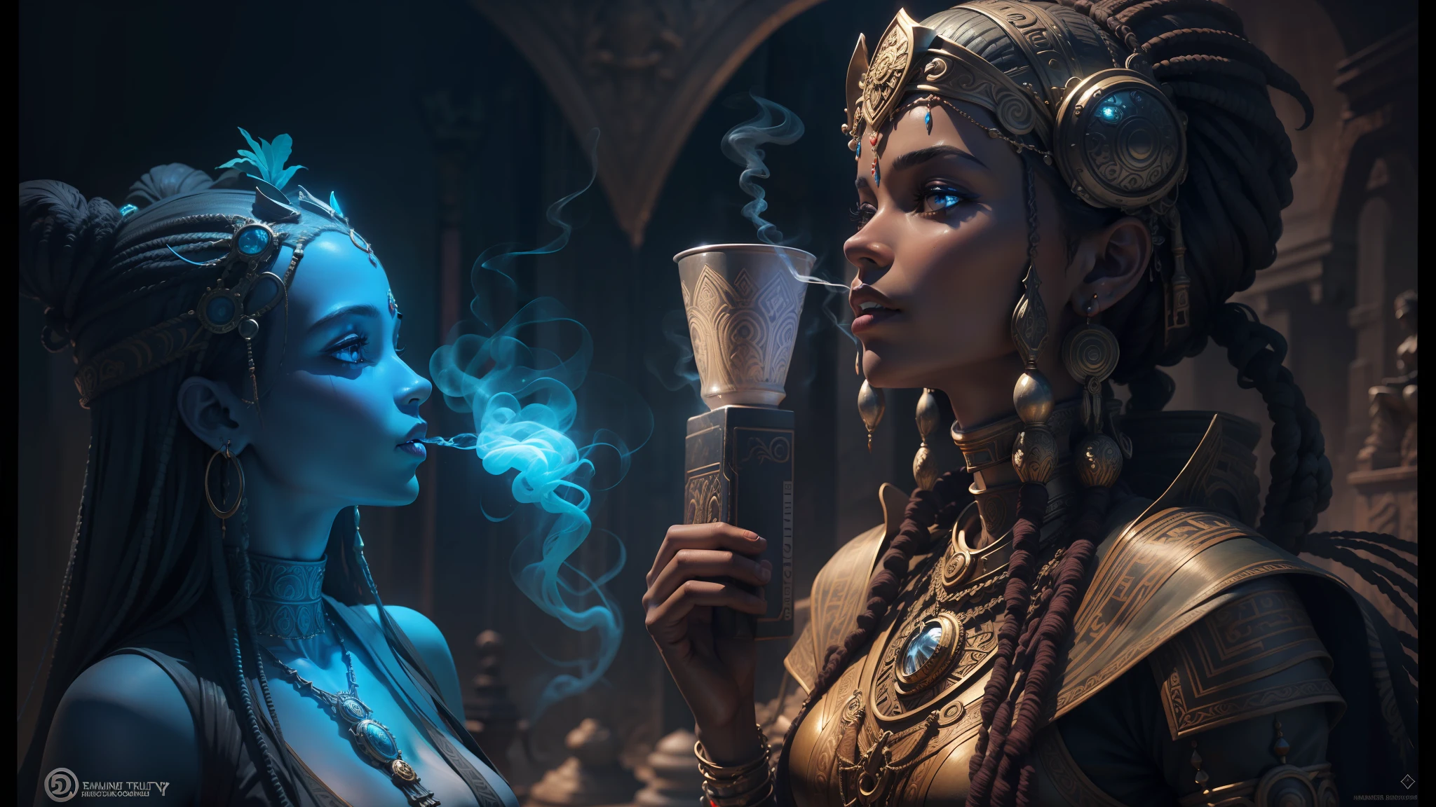 there is a statue of a woman smoking a cigarette next to a statue of a woman, psytrance artwork, cinematic blue lighting, african female android, puṣkaracūḍa, smoking vessels, djinn, compositing, kopera, connectedness, ancient tribe, hydropunk, trending on cgisociety, magic and fantasy --auto --s2