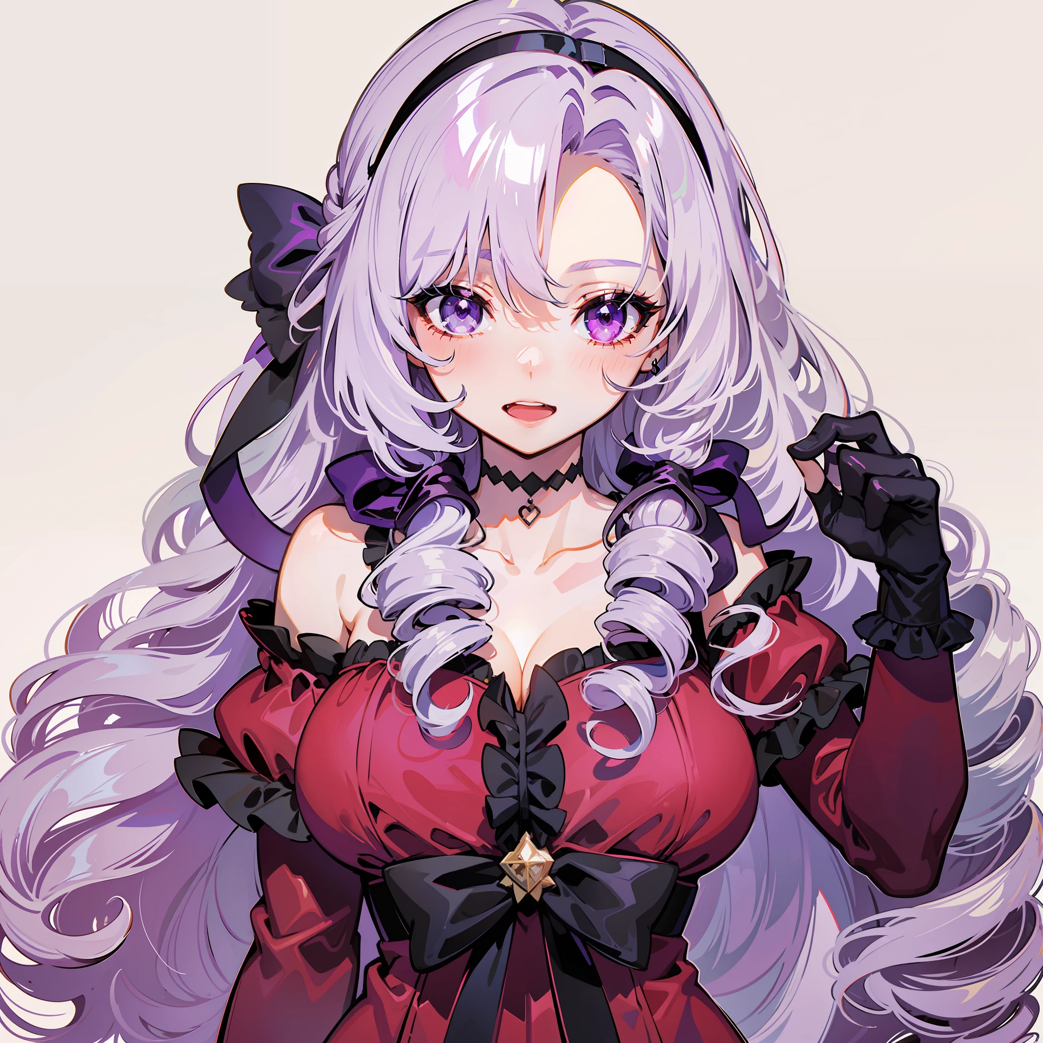 Solo, Long hair, , Drill hair, Twin Drill, Gloves, Dress, Purple eyes, Eye stars, Garter straps, Red dress, Hair band, Look at viewer, Smile, White background, Purple hair, Cleavage, Bangs, Black gloves, Tattoo on , Ribbon,  shoulders, Blushing, Simple background, Open mouth, Purple hair ribbon on the right side, Lilac hair, long sleeves, detached sleeves, off-shoulder dress, nail ring, black hair band, off-shoulder, collarbone, parted bangs, masterpiece, top quality, photorealistic, 3D, shiny_skin, shiny_hair, dynamic angles, beautiful detailed shine, HDR, Rembrandt lighting, colorful refraction, lens flare, bloom, film reflection, chromatic aberration, light diffusion, public , cowboy shot, deep meaning, physically based rendering, bright, vibrant, complex,