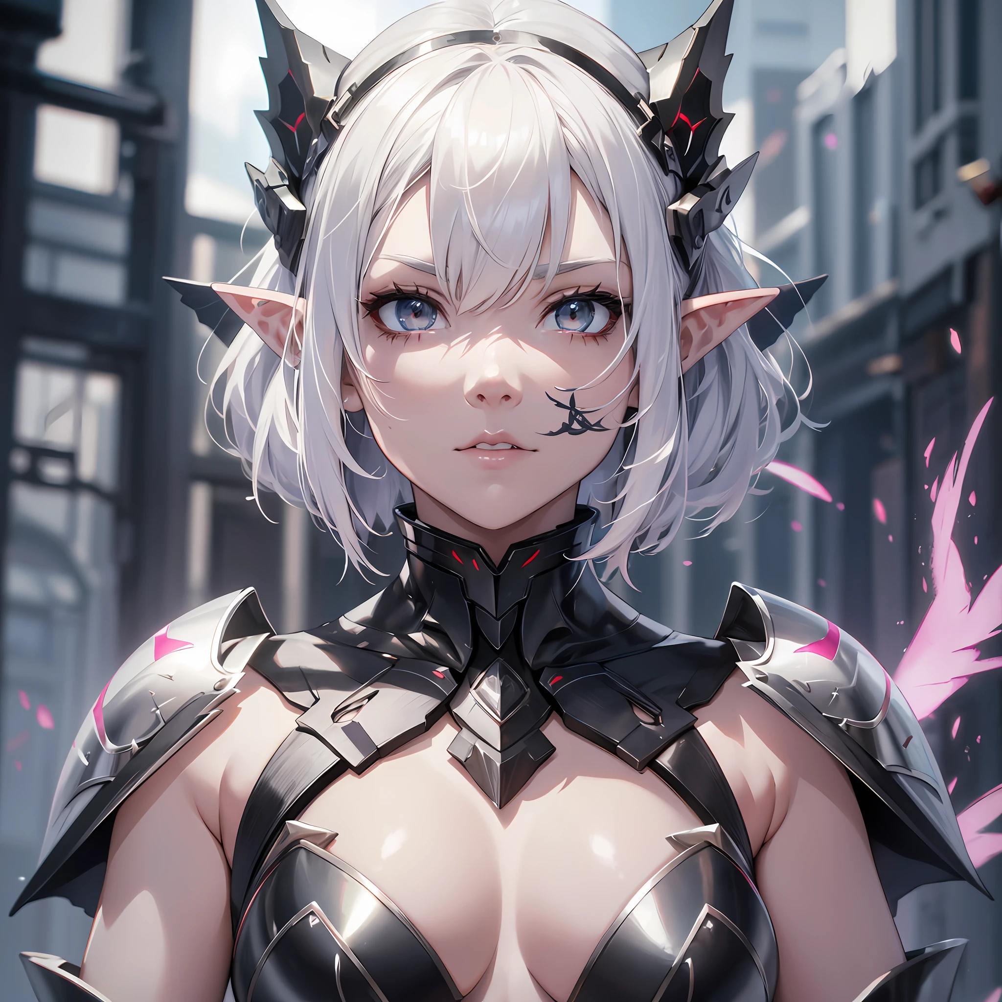 8k, ultra hd, details, female character, armor exoskeleton, enchanted bow in white color, white eyes, elf ears, short white hair, red and white colors, white henna tattoo on your face, elegant armor, grimes neofantasy anime gene CRISPR, color complexity, futuristic, 3d, powerful pose