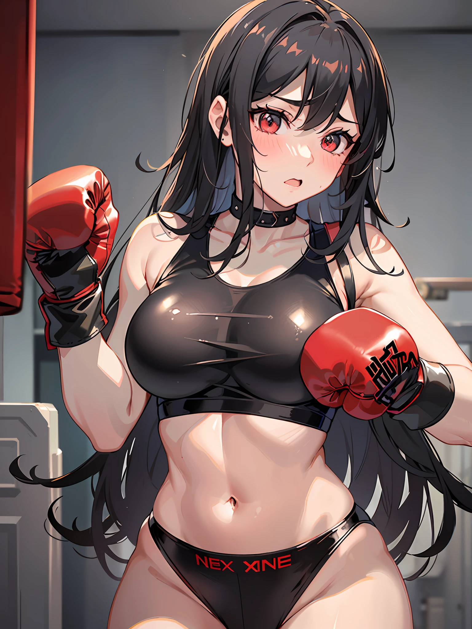 Mature boxer with long black hair. Her eyes are half hidden by bangs. She is shy and cannot make eye contact. Her cheeks are blushing. She wears black underwear. ((She wears red boxing gloves)). Waistline image. She is sweating all over her body. I opened my mouth. Dark bedroom on background. Well-shaped, large, boxing gloves.