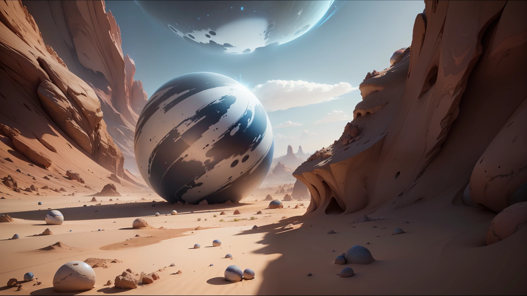 there is a large ball that is sitting in the middle of a desert, cinematic unreal engine 5, colored marble, by Daren Bader, anamorphic widescreen, fractal world, andromeda galaxy, from a 2 0 1 9 sci fi 8 k movie, by Sohrab Sepehri, anamorphic illustration, tempest --auto --s2