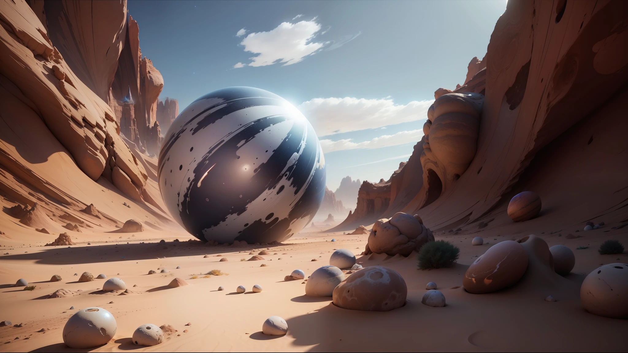 there is a large ball that is sitting in the middle of a desert, cinematic unreal engine 5, colored marble, by Daren Bader, anamorphic widescreen, fractal world, andromeda galaxy, from a 2 0 1 9 sci fi 8 k movie, by Sohrab Sepehri, anamorphic illustration, tempest --auto --s2