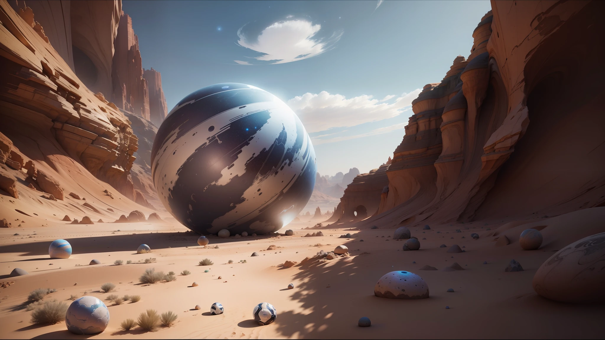 there is a large ball that is sitting in the middle of a desert, cinematic unreal engine 5, colored marble, by Daren Bader, anamorphic widescreen, fractal world, andromeda galaxy, from a 2 0 1 9 sci fi 8 k movie, by Sohrab Sepehri, anamorphic illustration, tempest --auto --s2