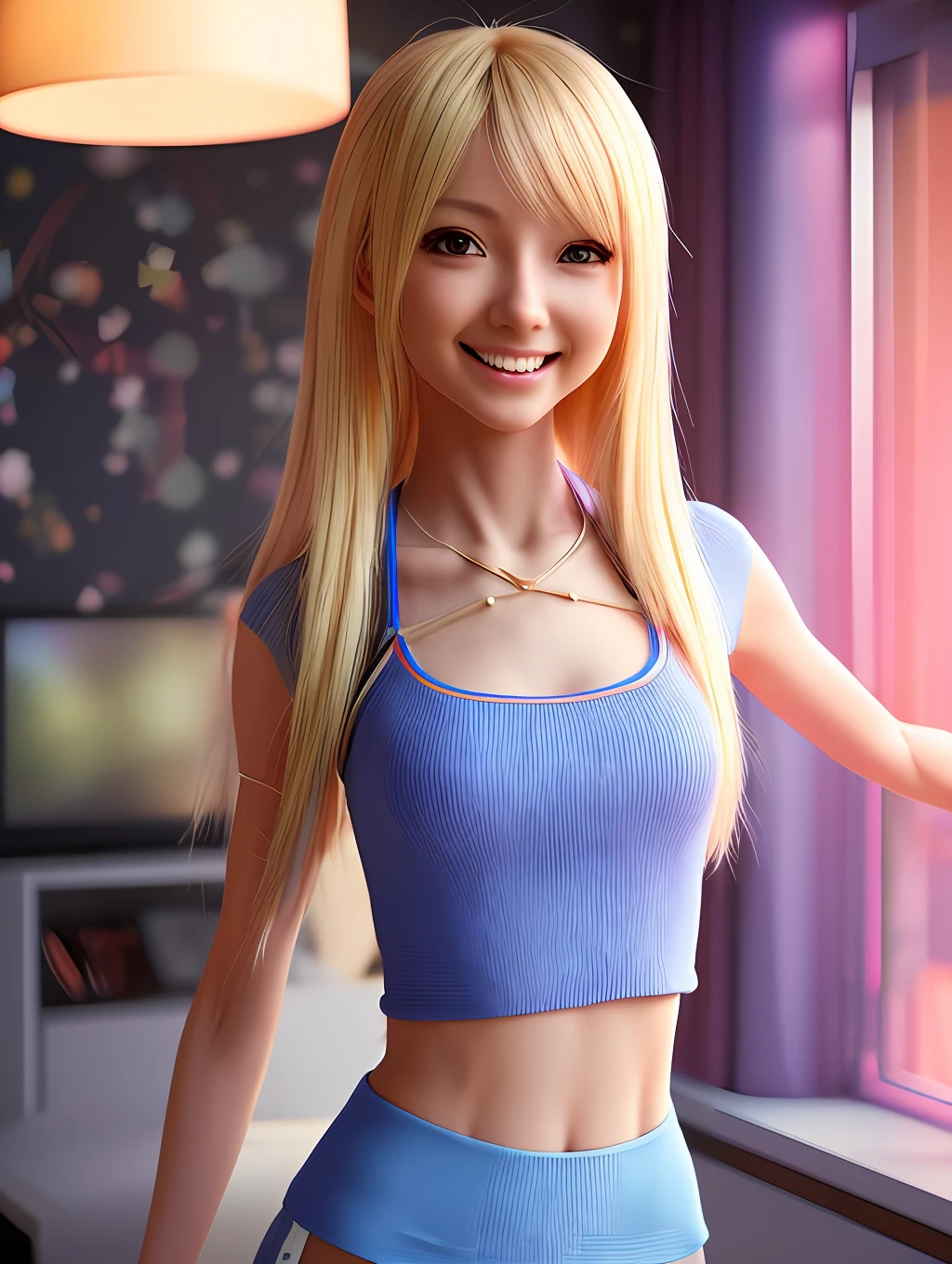 extra realistic colorful detail photography ,pretty  petite anime woman  named  Million Dollar Babes,smile , blonde hair ,extra fantasy petite body , super thin small waist ,yoga pants ,tight shirt ,cute cartoon Character slam body proportions ,realistic style photography ,octane rendering ,intricate soft light,extra texture ,erotix ,Navel exposed,living 
room background