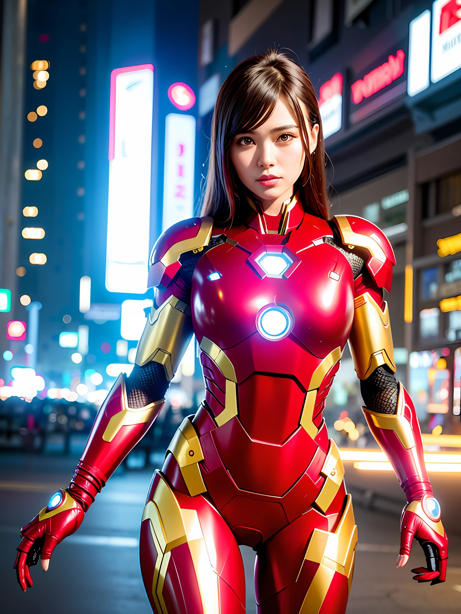 8k, realistic, attractive, highly detailed, a 20 year old girl a sexy and attractive woman inspired by Iron Man wearing a shiny Iron Man mech. She dresses with sexiness and confidence, perfectly interpreting Iron Man's strength and charisma. In a cyberpunk-style city night scene, a sexy and attractive woman takes Iron Man's cosplay as the theme. Wearing a shiny Iron Man mech, she stands on a street lined with tall buildings. The night lights of the city are bright, reflecting on her mecha, adding a sense of future technology. The surrounding buildings and streets are full of cyberpunk elements, such as neon lights, high-tech devices and futuristic architectural designs. The whole scene is full of futuristic and sci-fi atmosphere. This high-definition, high-quality picture will bring you stunning visual enjoyment, a perfect combination of sexy, futuristic and sci-fi elements. oc rendering, dramatic lighting, award winning quality