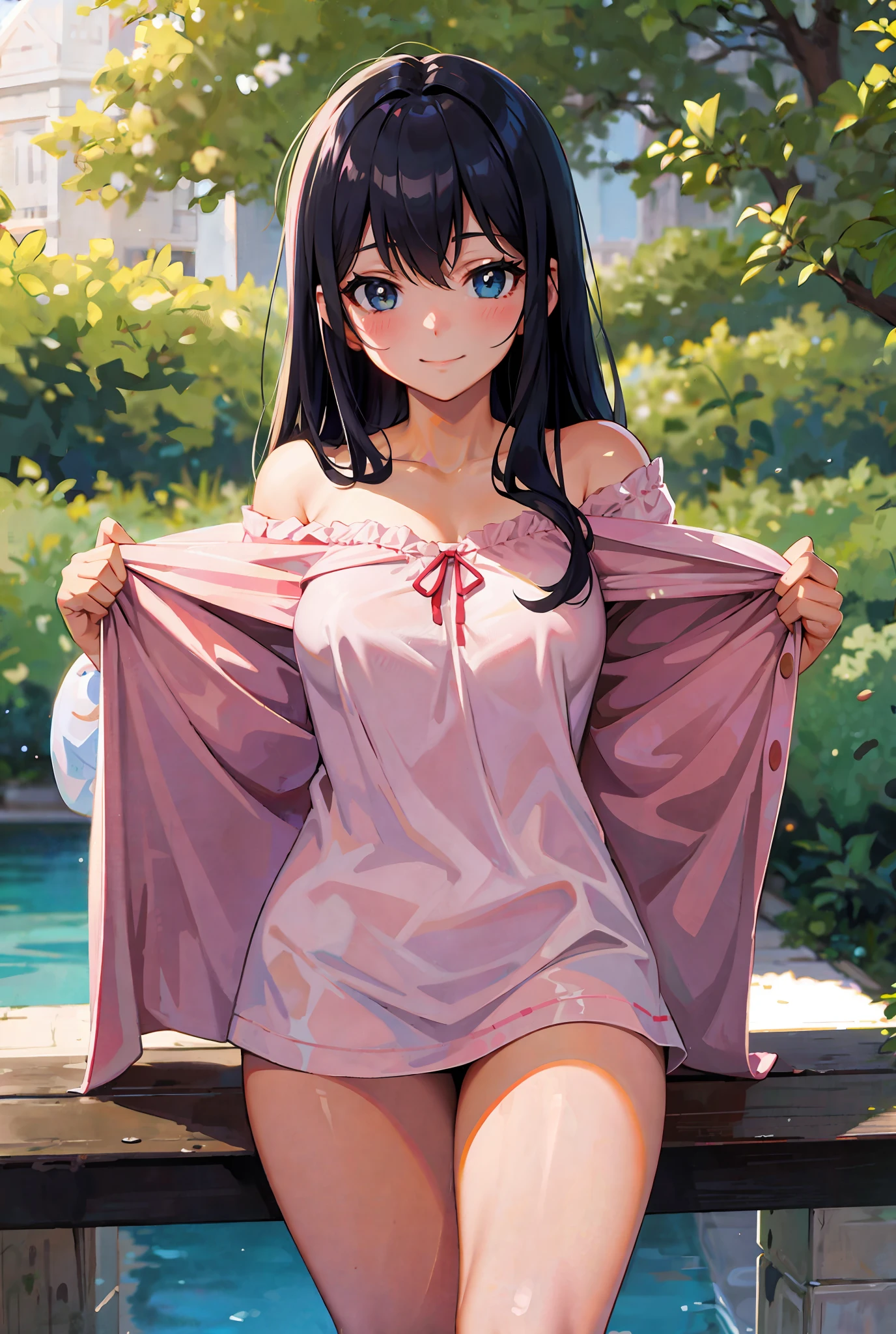 Masterpiece, best quality, 1 girl, pajamas, thighs, outdoor, off-the-shoulder, light smile,