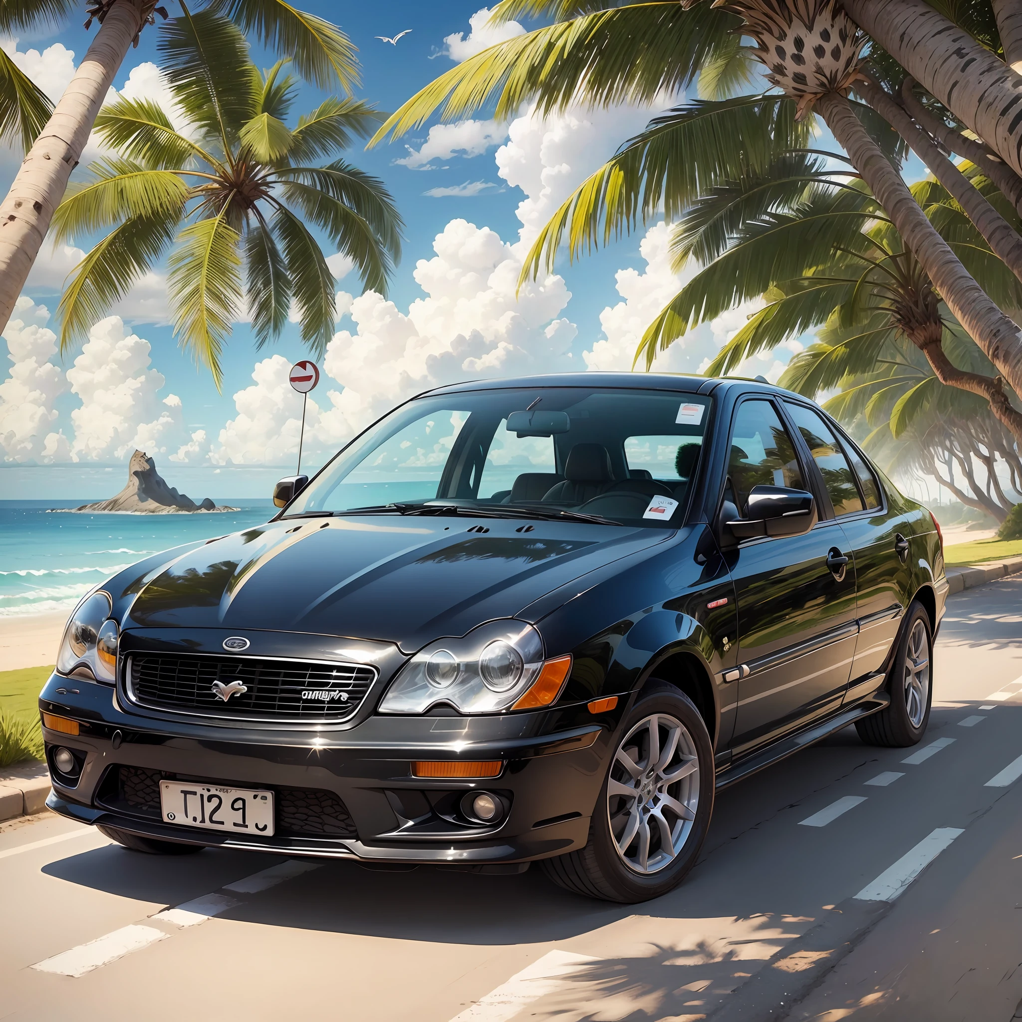 Cat Day, Pen is in the car, tropical country, palm trees, coastline, jumping, hordes of killer whales in the sea --auto --s2