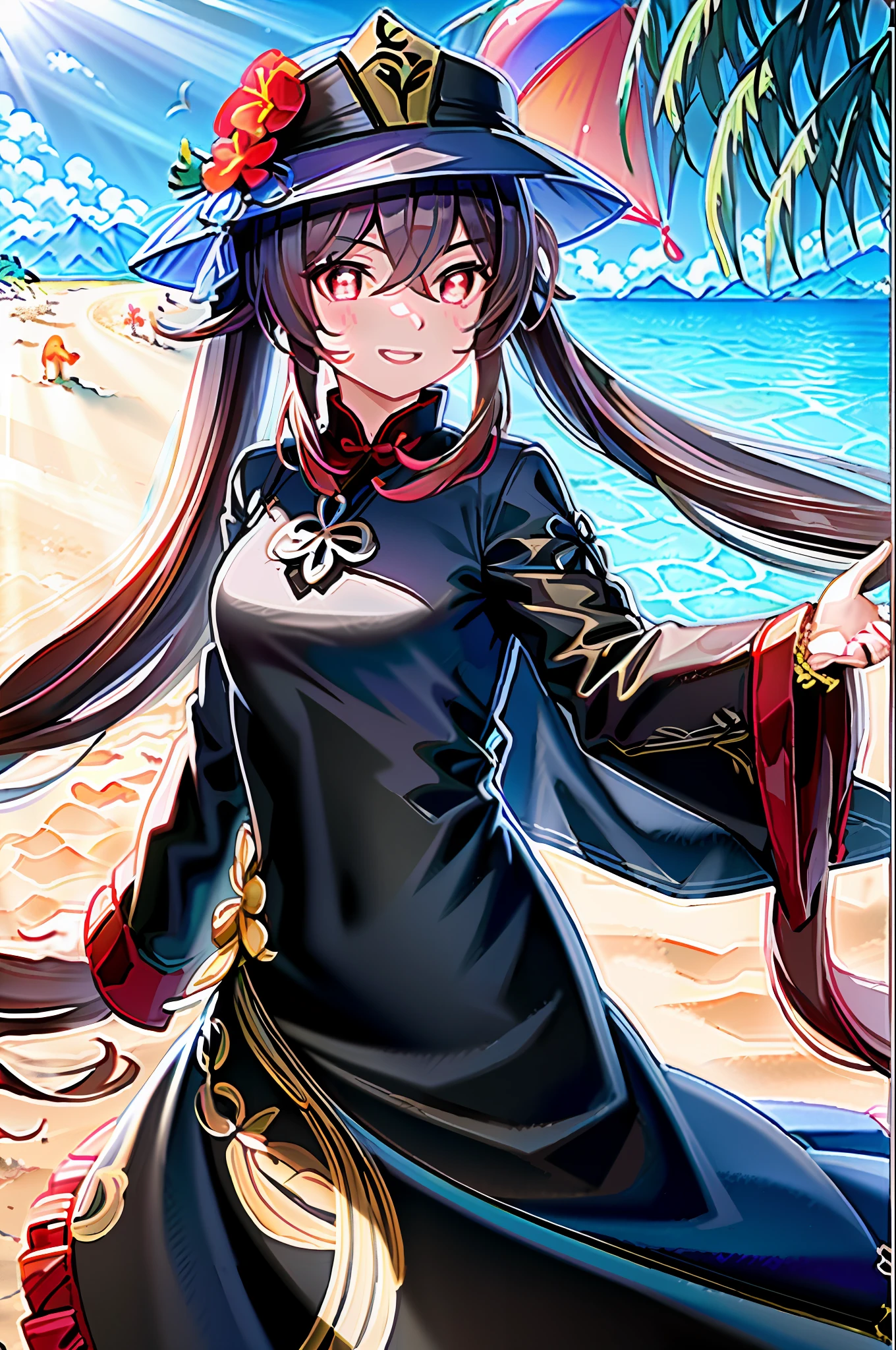 masterpiece, best quality, hutao\(genshin\),1girl,solo,beach, (beachball, beach umbrella), ocean, horizon, mountain, sky, cloud, wind, sunlight, sun, fantasy, bird, plant, natural lighting, ultraviolet, cliff, beach chair, blue hawaii, sand, palm tree, coconut tree, gloomy, sunbeam, light rays