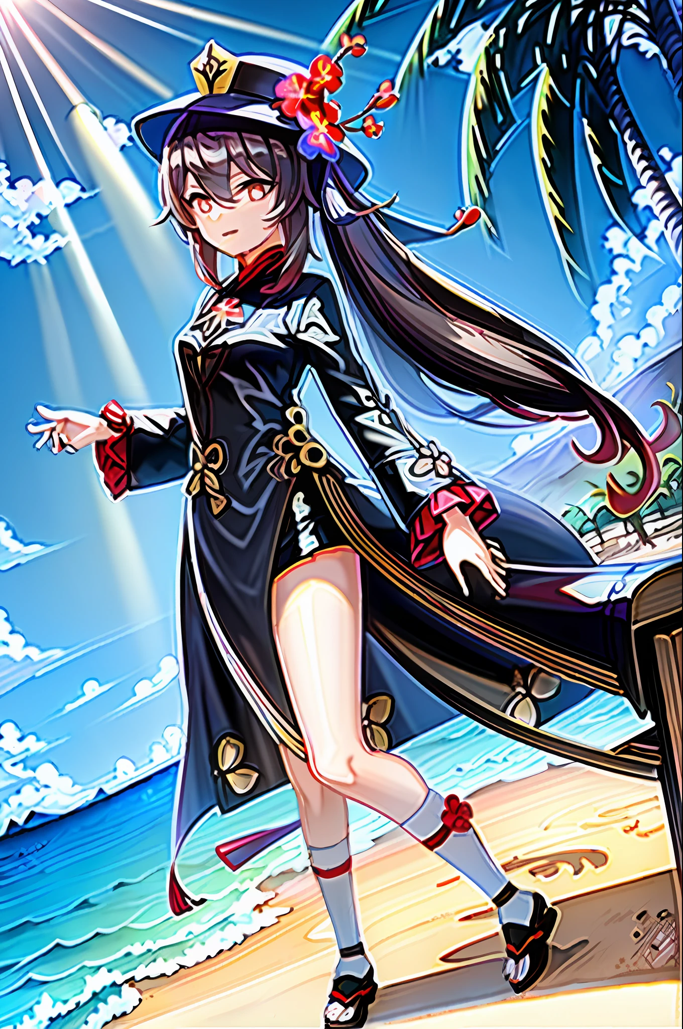 masterpiece, best quality, hutao\(genshin\),1girl,solo,beach, (beachball, beach umbrella), ocean, horizon, mountain, sky, cloud, wind, sunlight, sun, fantasy, bird, plant, natural lighting, ultraviolet, cliff, beach chair, blue hawaii, sand, palm tree, coconut tree, gloomy, sunbeam, light rays