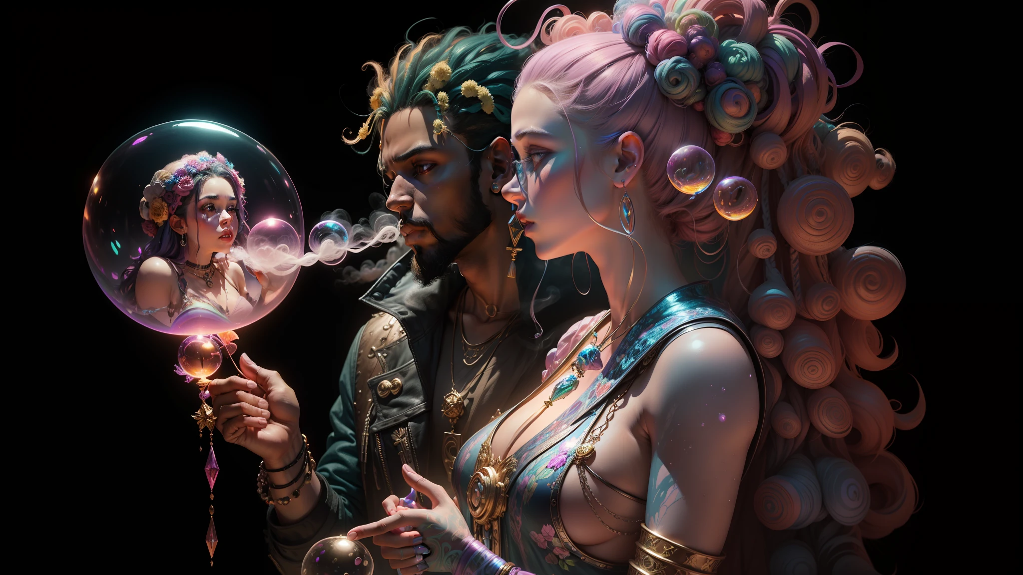 there are two people that are holding a bubble in their hands, hyperrealistic fantasy art, muted neon smoke, affinity photo, psychedelic!!!!!!!!!!!!!!!!!!!!!, art-gem, fantasy lighting, funkadelic, angelheaded hipsters --auto --s2