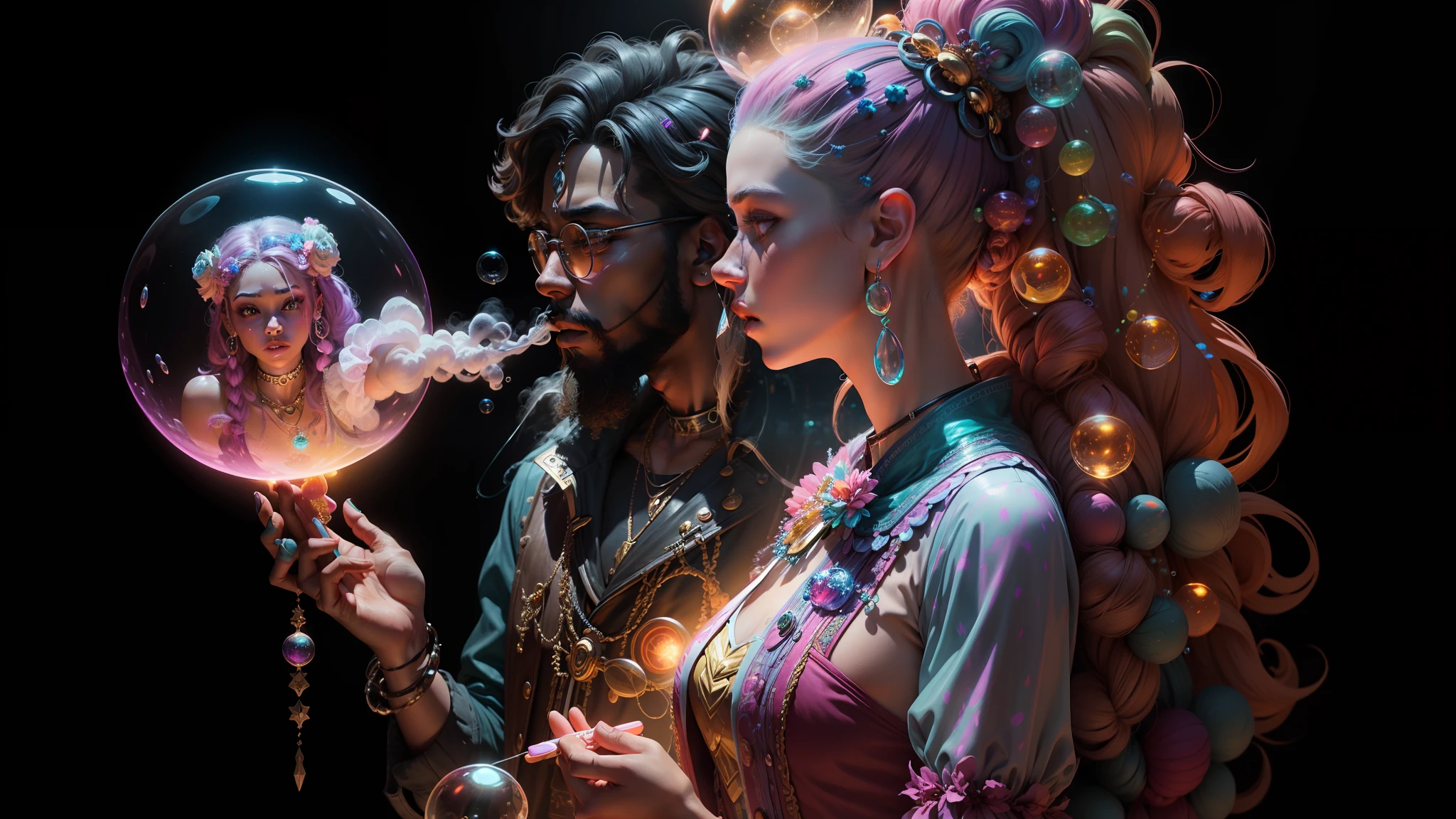 there are two people that are holding a bubble in their hands, hyperrealistic fantasy art, muted neon smoke, affinity photo, psychedelic!!!!!!!!!!!!!!!!!!!!!, art-gem, fantasy lighting, funkadelic, angelheaded hipsters --auto --s2