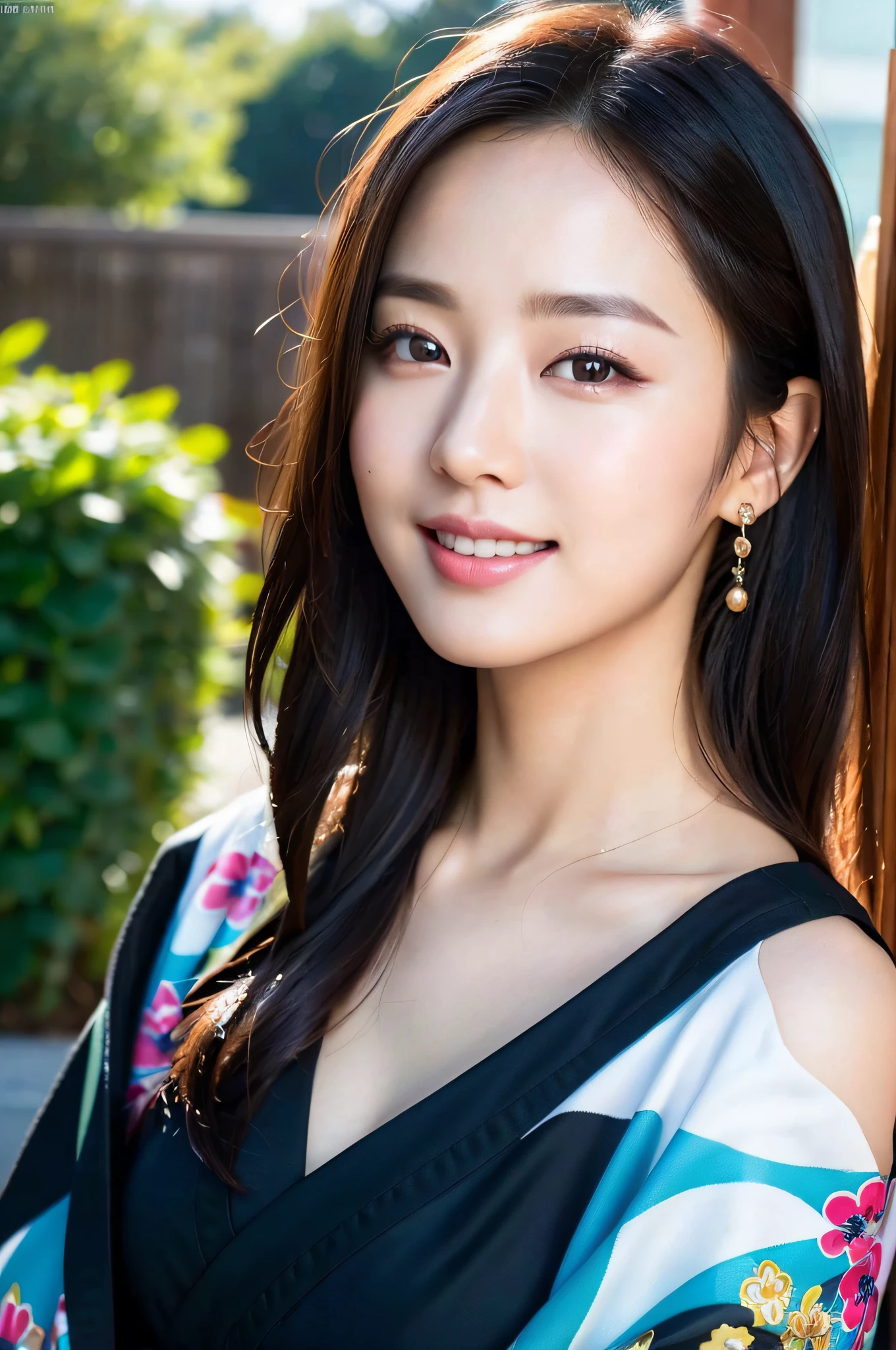 ((Top Quality, 8K, Masterpiece: 1.3)), Sharp Focus: 1.2, (Korean Cute Actress No.1), Realistic Photos (Shiny Skin), Black Hair, Wearing a Kimono, Realistic Pupils, Movie Lighting, Highly Detailed Eyes and Face, Smile