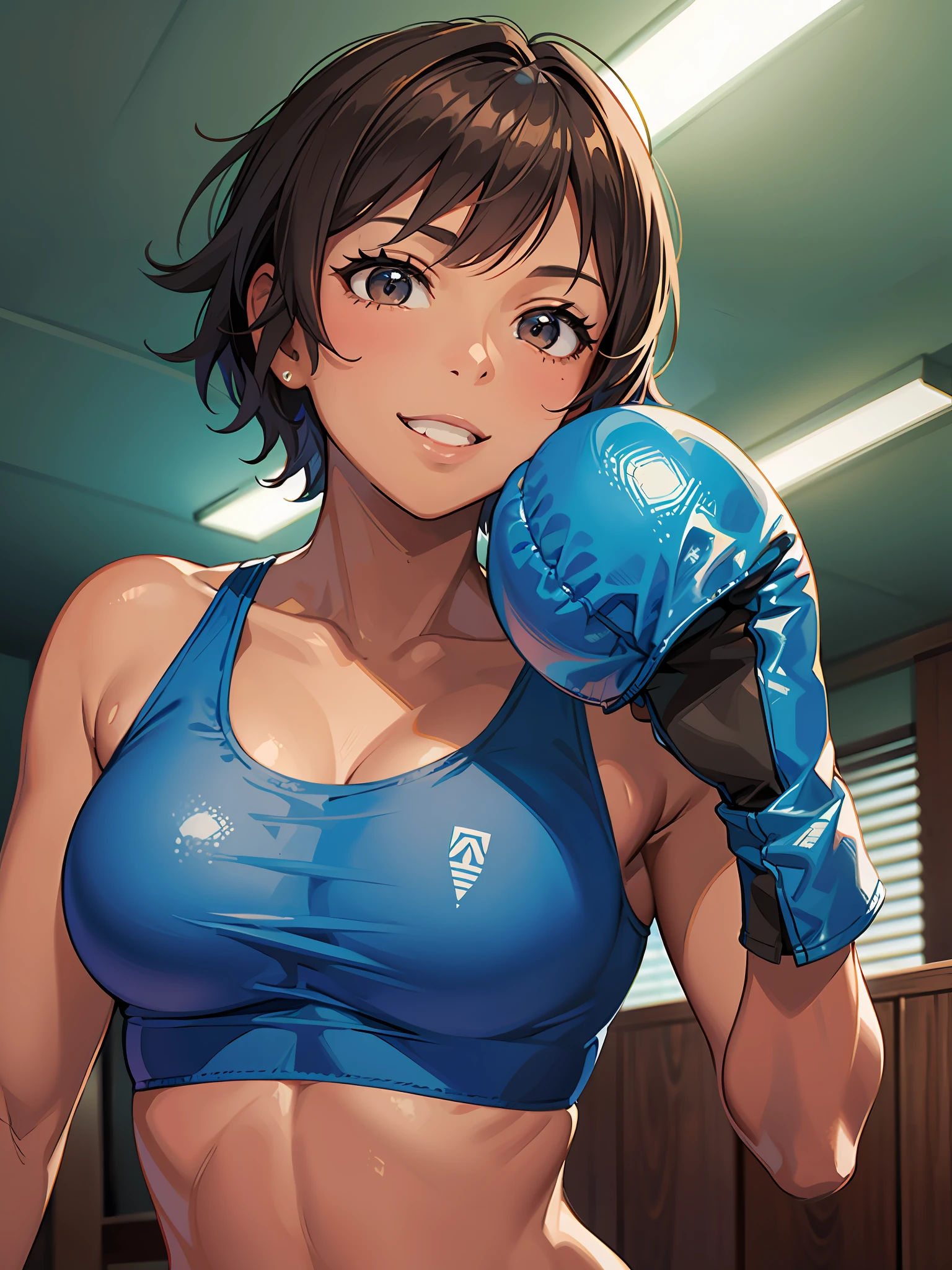 Mocha brown woman with a short cut. Wears a blue sports bra and blue boxing gloves. Fresh smile. Background is a dark bedroom.