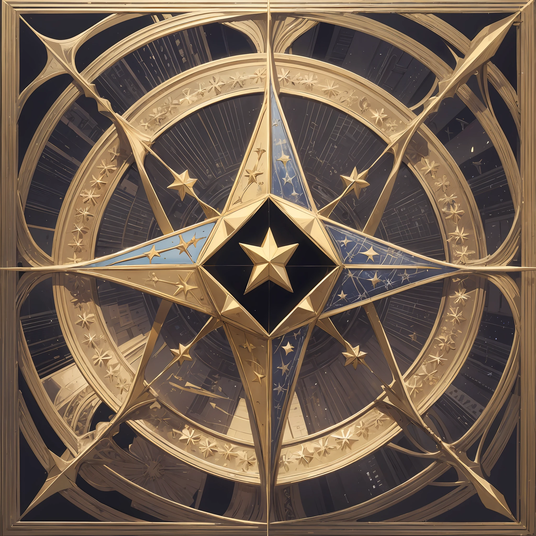 Solomon's star has a symmetrical and geometric appearance. It is composed of two intertwined equilateral triangles, so that their bases connect, creating a six-pointed star. Each triangle is positioned in an inverted manner in relation to the other, resulting in a central figure formed by the points of intersection. The star has a clean and angular structure, with straight lines and sharp corners, which gives it a sense of precision and order. It is commonly depicted in gold or silver color. --auto --s2