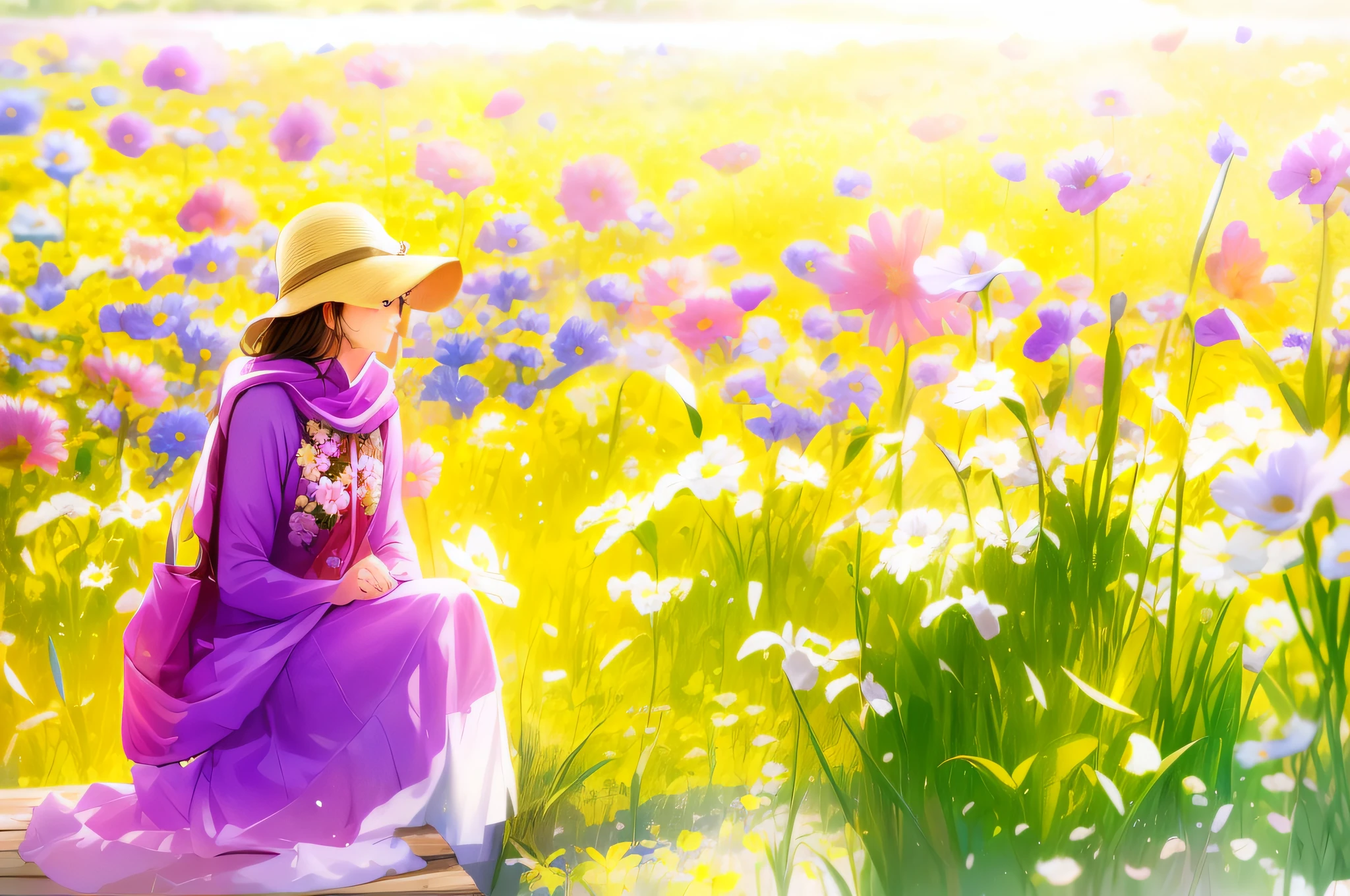 arafed woman sitting on a wooden dock in a field of flowers, standing in flower field, girl sitting in a flower field, in a field of flowers, girl in a flower field, photo taken with canon 5d, ao dai, standing in a flower field, very beautiful photo, sitting in a field of flowers, in a field with flowers, beautiful image