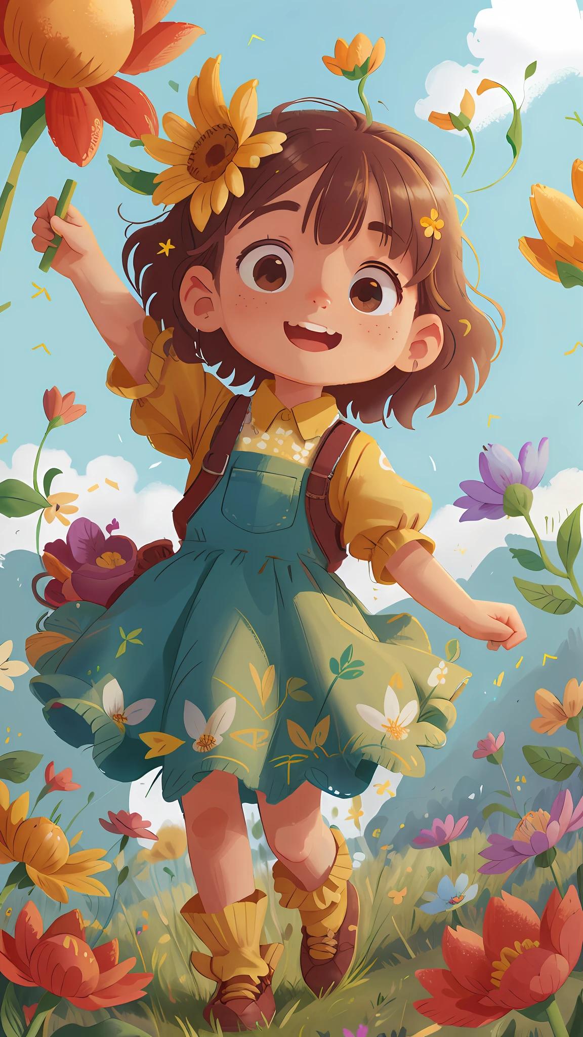 A girl holding flowers, colorful balloons floating in the sky, meadow, dancing, holding flowers, happy, happy, perfect quality, clear focus (clutter-home: 0.8), (masterpiece: 1.2) (Realistic: 1.2) (Bokeh) (Best quality) (Detailed skin: 1.3) (Intricate details) (8K) (Detail Eyes) (Sharp Focus), (Happy)