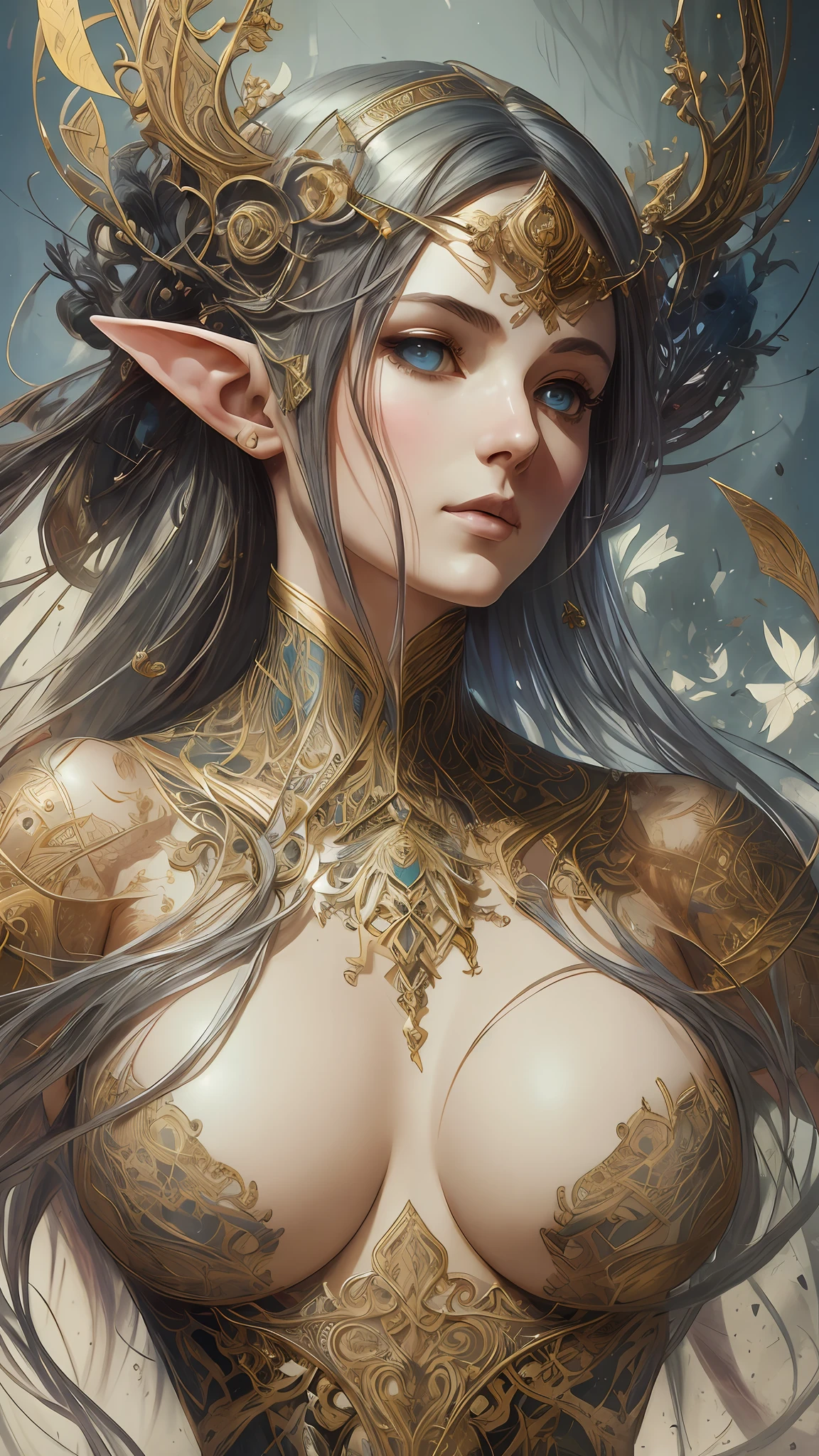A beautiful full figure painting of perfect female elf woman, shapeless long hair, black hair, white hair, huge mammaries, perfect features, wearing Rococo style dress, art by Carne Griffiths and Wadim Kashin Concept art, ethereal background, abstract beauty, stand, near perfection, pure form, Golden Ratio, minimalism, unfinished, concept art, By Brian Froud and Carne Griffiths and Wadim Kashin and John William Waterhouse, intricate detail, 8k post-production, High resolution, super Detail, art station Trends, sharp focus, studio photos, intricate detail, Very detailed, By Greg Rutkowski --auto --s2