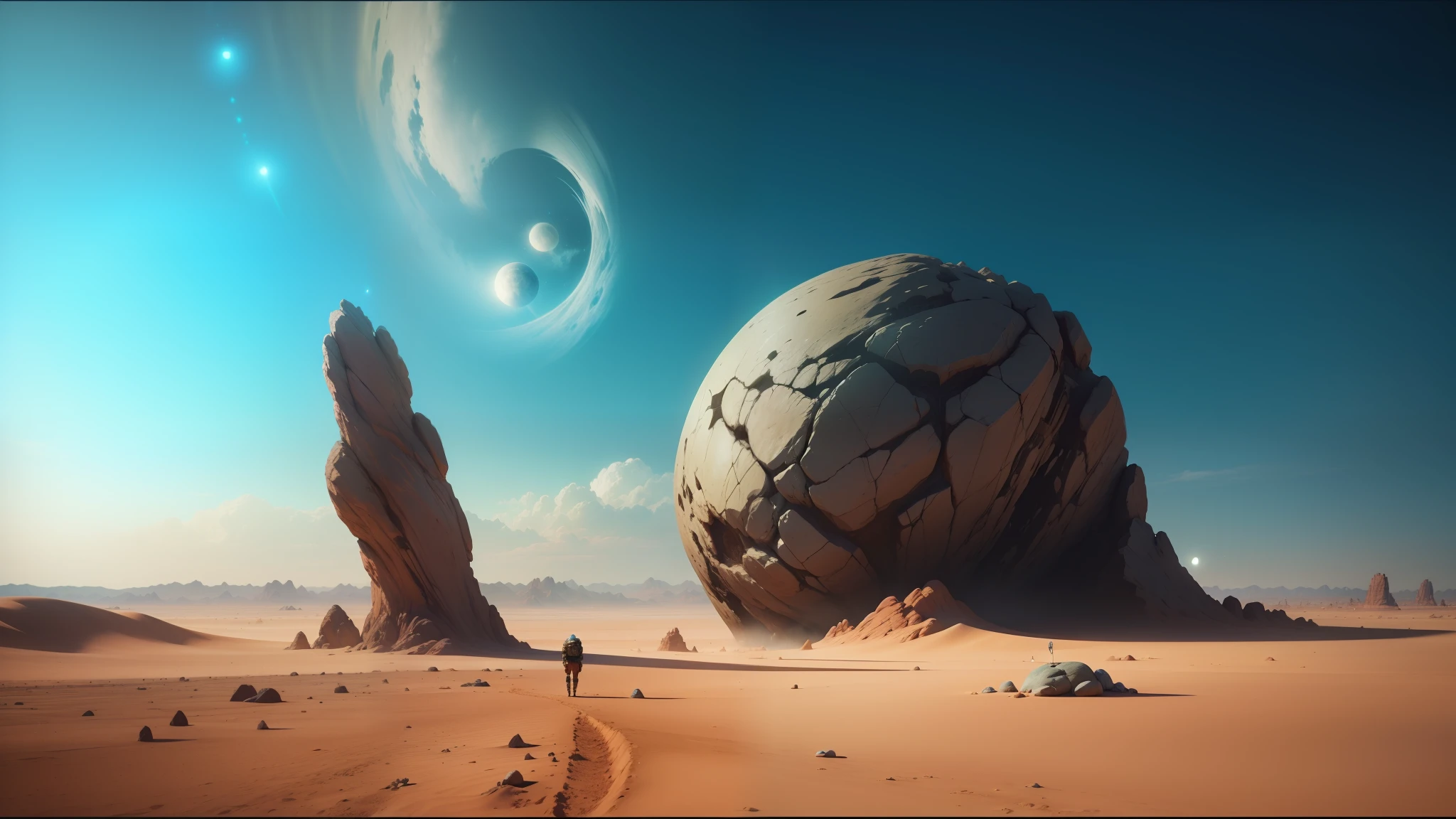 there is a large rock in the middle of a desert, beautiful sci fi art, autodesk 3ds max, in style of james paick, spiritual imagination of duality, shot on anamorphic lenses, inspired by Moses van Uyttenbroeck, 3 moons, wlop and andrei riabovitchev --auto --s2