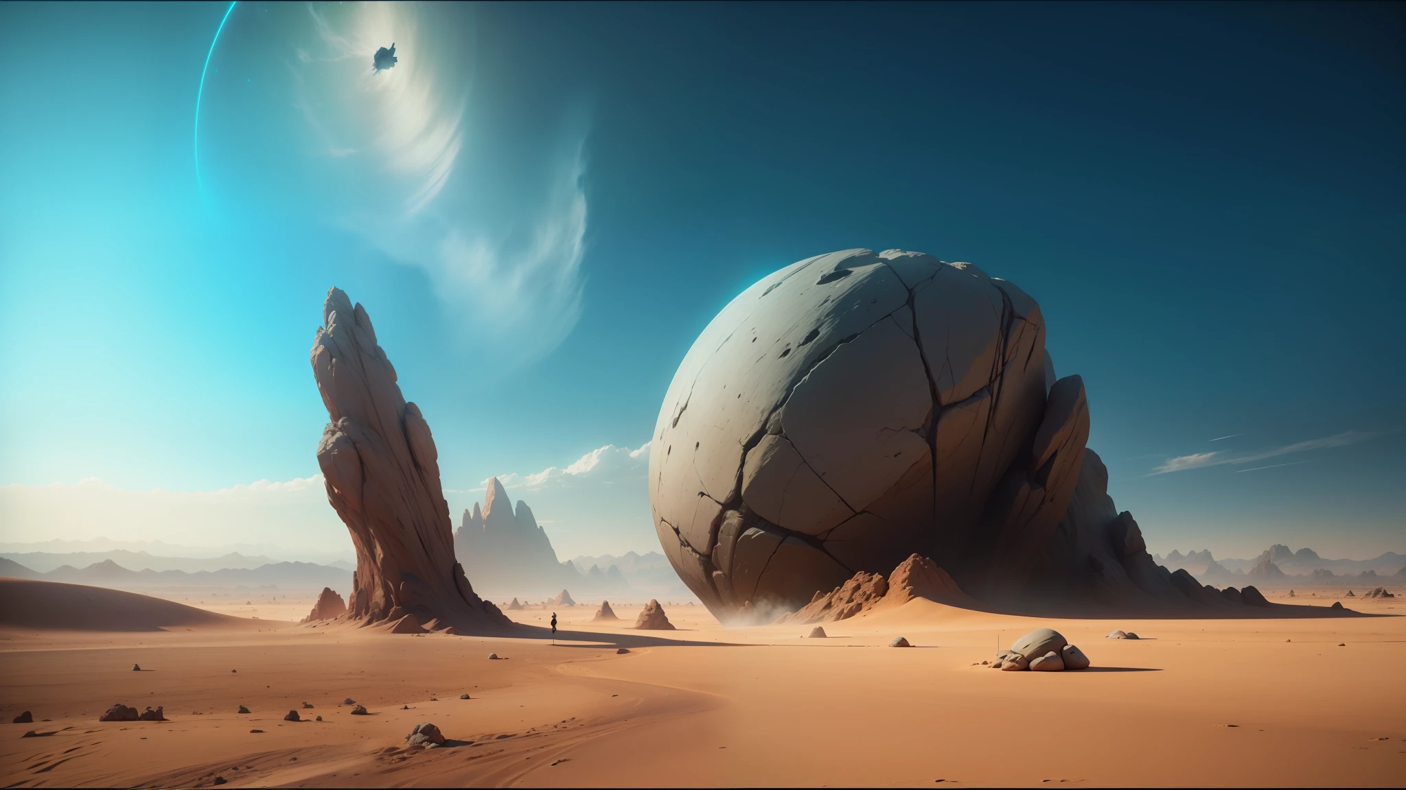 there is a large rock in the middle of a desert, beautiful sci fi art, autodesk 3ds max, in style of james paick, spiritual imagination of duality, shot on anamorphic lenses, inspired by Moses van Uyttenbroeck, 3 moons, wlop and andrei riabovitchev --auto --s2