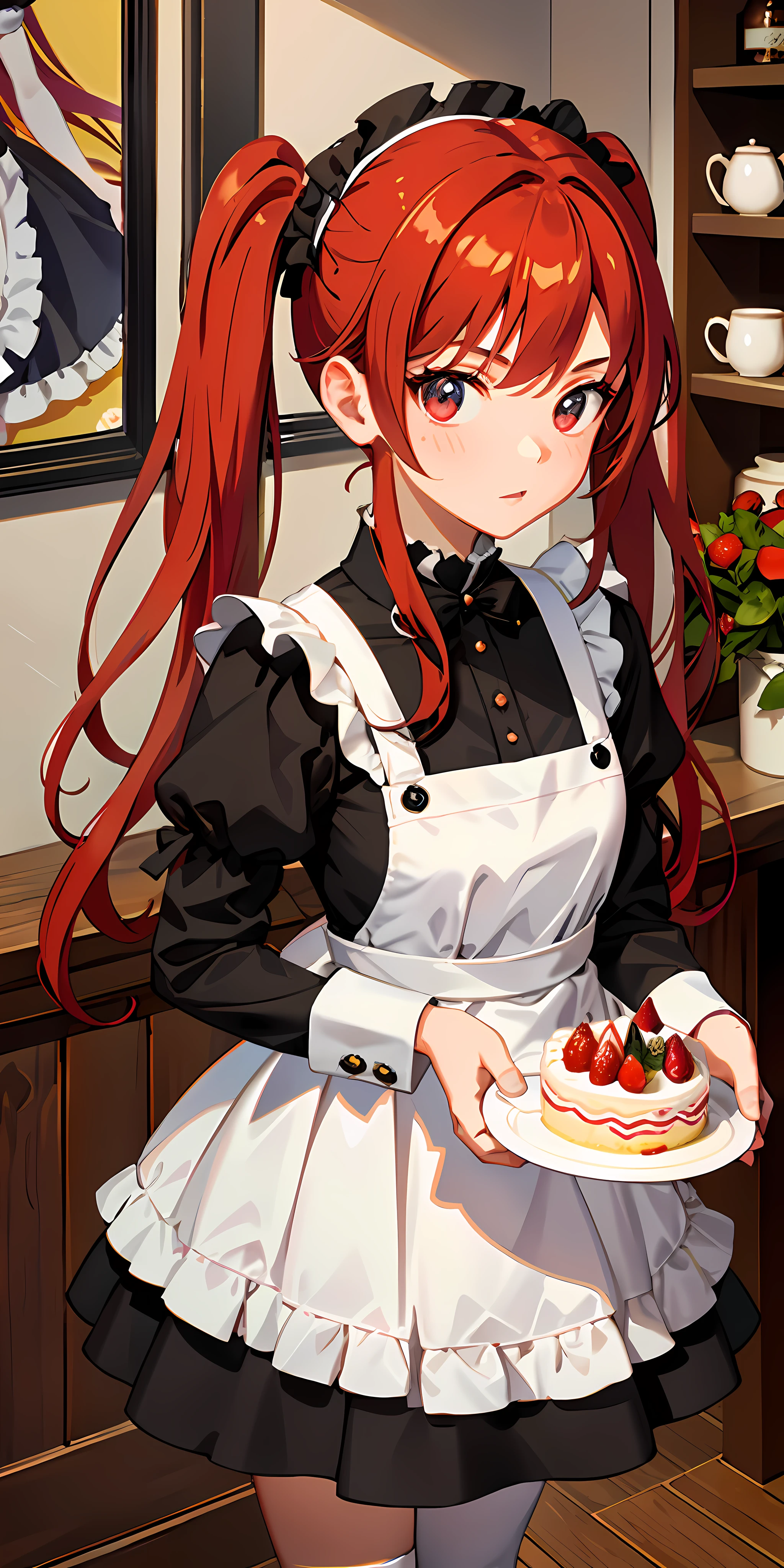 Promotional photo, the place is a coffee shop, 1 girl, -yeld fa waitress carrying cake to the table, red-haired twin tails, gentle face, half costume of gothic lolita and maid costume with the image of strawberries, clothes based on white,