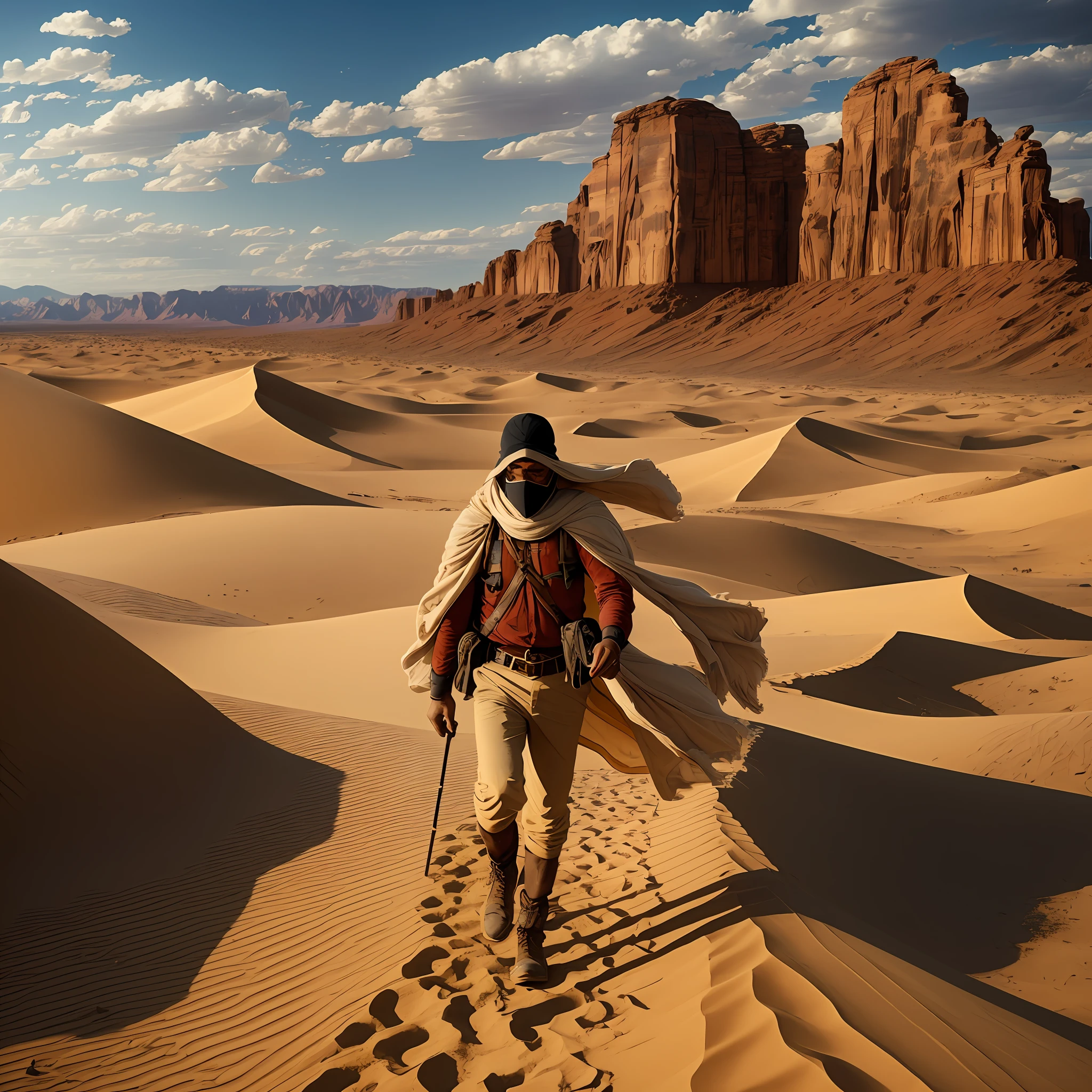 Pictured, we see a brave man walking in the scorching desert. He is dressed appropriately for the hostile climate and his face is protected by a handkerchief. The landscape is composed of undulating dunes and the sun shines brightly in the cloudless sky. The man demonstrates determination as he faces the challenge, raising small clouds of sand with each step. In the background, mountains create a dramatic contrast. The image depicts man's struggle against the adversities of the desert, evidencing his courage and resilience in the face of extreme conditions. --auto --s2
