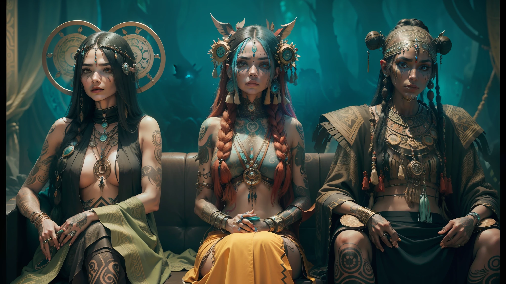 three women dressed in costumes sitting on a couch, intricate ritualistic tattoos, in style of anna dittmann, shot on anamorphic lenses, she is dressed in shaman clothes, each faces precisely define, tribal style, ironpunk, cyan photographic backdrop, woodpunk, anthropomorphic machine --auto --s2