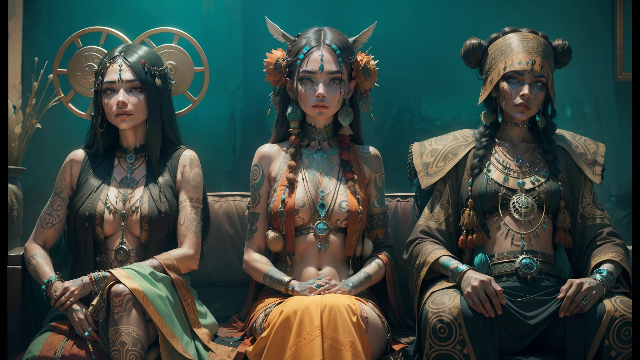 three women dressed in costumes sitting on a couch, intricate ritualistic tattoos, in style of anna dittmann, shot on anamorphic lenses, she is dressed in shaman clothes, each faces precisely define, tribal style, ironpunk, cyan photographic backdrop, woodpunk, anthropomorphic machine --auto --s2