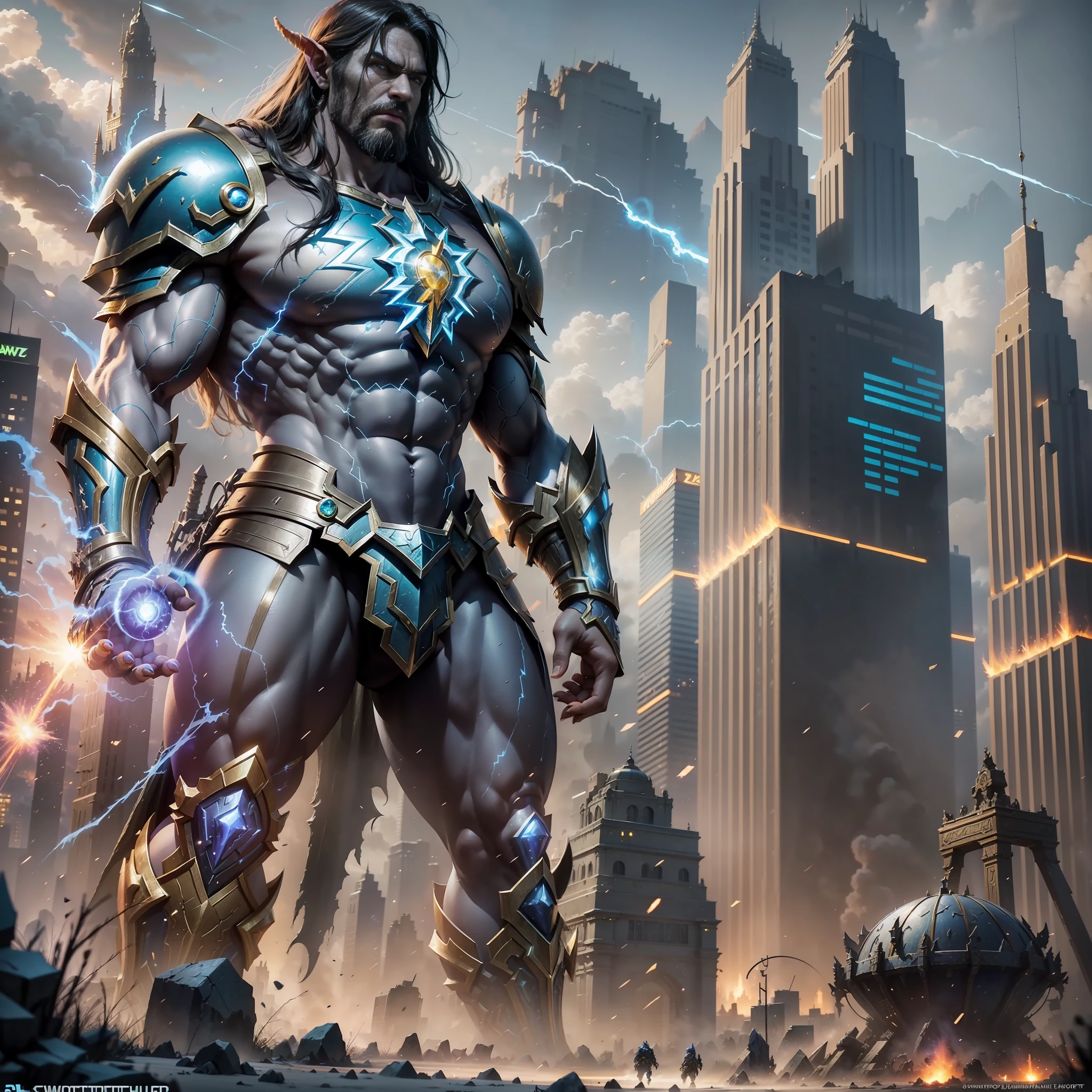 (Warcraft vs. Warcraft Doomsday Battlefield with blue and black lightning particles emitting around), 3D rendering, movie special effects, movie lighting, city in ruins in the background, clear HD, 8K resolution, very detailed, digital painting, concept art, Shinkai Makoto style, pop popularization trend, pop, pop trend, pop trend on pixiv.
