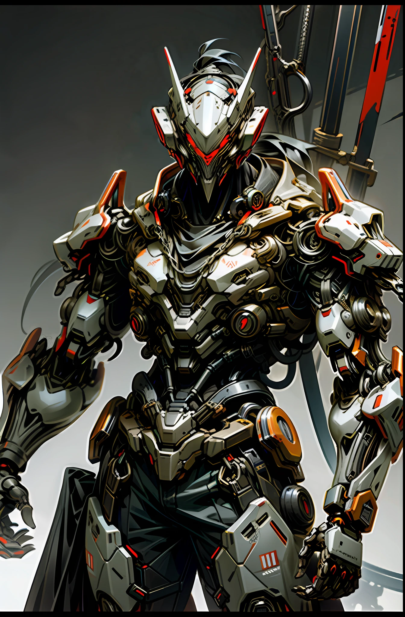 Dark_Fantasy,Cyberpunk,(chain saw,chain saw man,Red:1.1),1man,Mechanical marvel,Robotic presence,Cybernetic guardian,