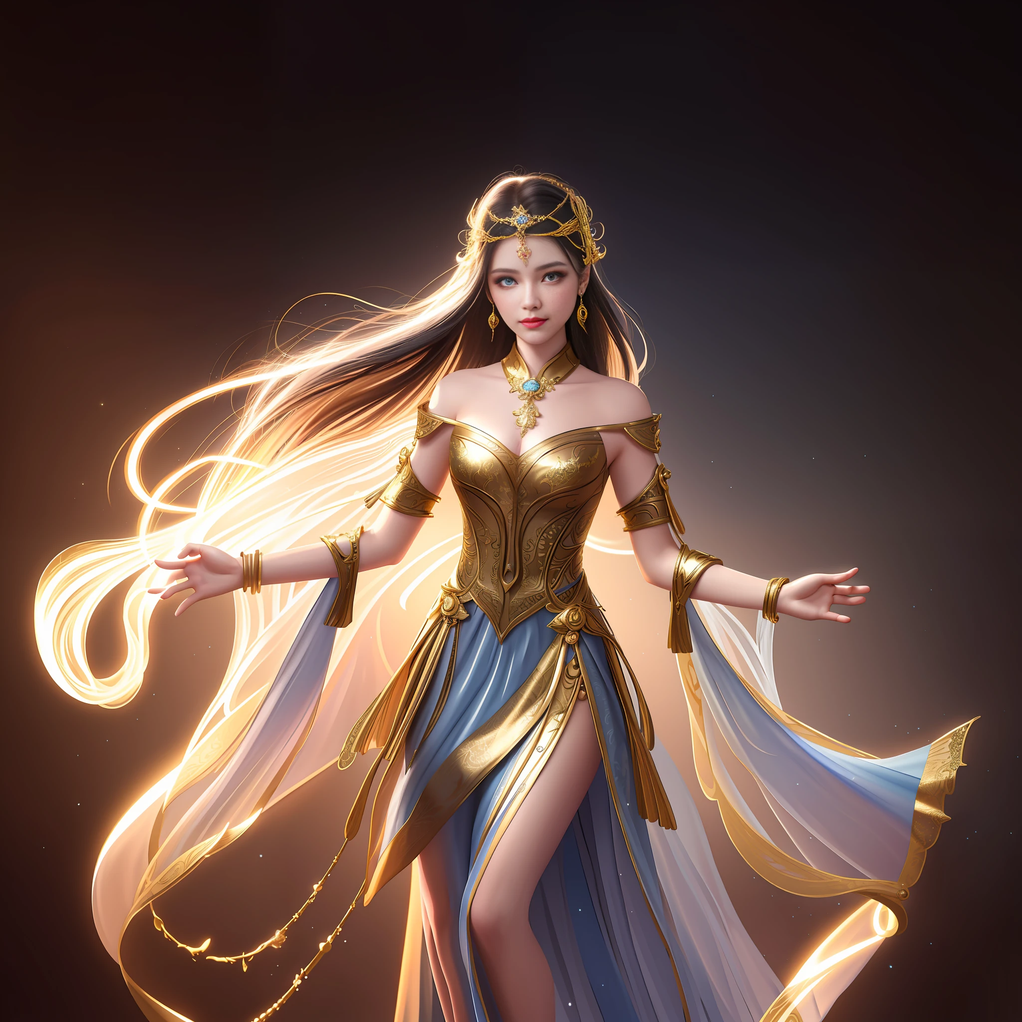 (black background:1.2), golden light, starlight,(fractal art:1.2), (ultra high res, photorealistic, realistic, best quality, photo-realistic), (masterpiece), (best quality:1.4), full body, 1girl, jewelry, hair over one eye, dress, bracelet, black hair, pattern on zodiac background with Knight of Aquarius dressed, long single braid, ring, circlet, necklace, armlet, looking at viewer, lips, blue eyes, bare shoulders, parted lips, hair ornament, Aquarius symbol, realistic fantasy, full portrait body, beautiful and powerful, rim light, DSLR, portrait lens, captivating, enchanting, mythical, detailed full portrait, beauty and strength, mirrorless, prime lens, mesmerizing, color film, ethereal, realistic fantasy, intricate details, smartphone, standard lens, morning, powerful, reflection background, digital.