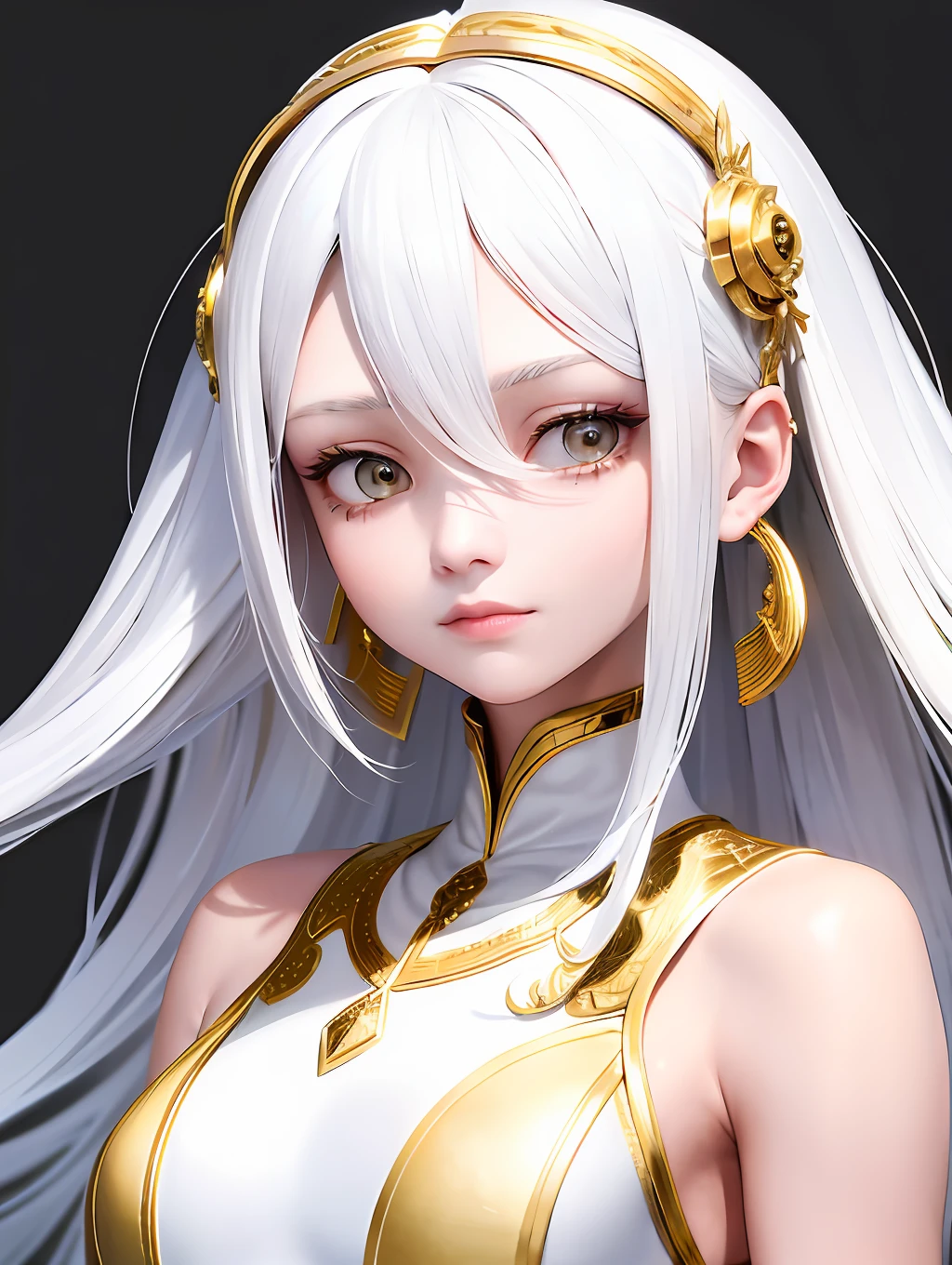 Excellent, masterpiece, white hair, golden eyes, white clothes, straight eyes, upper body, hair, fair skin, side braids, perfect face, perfect body, perfect fingers