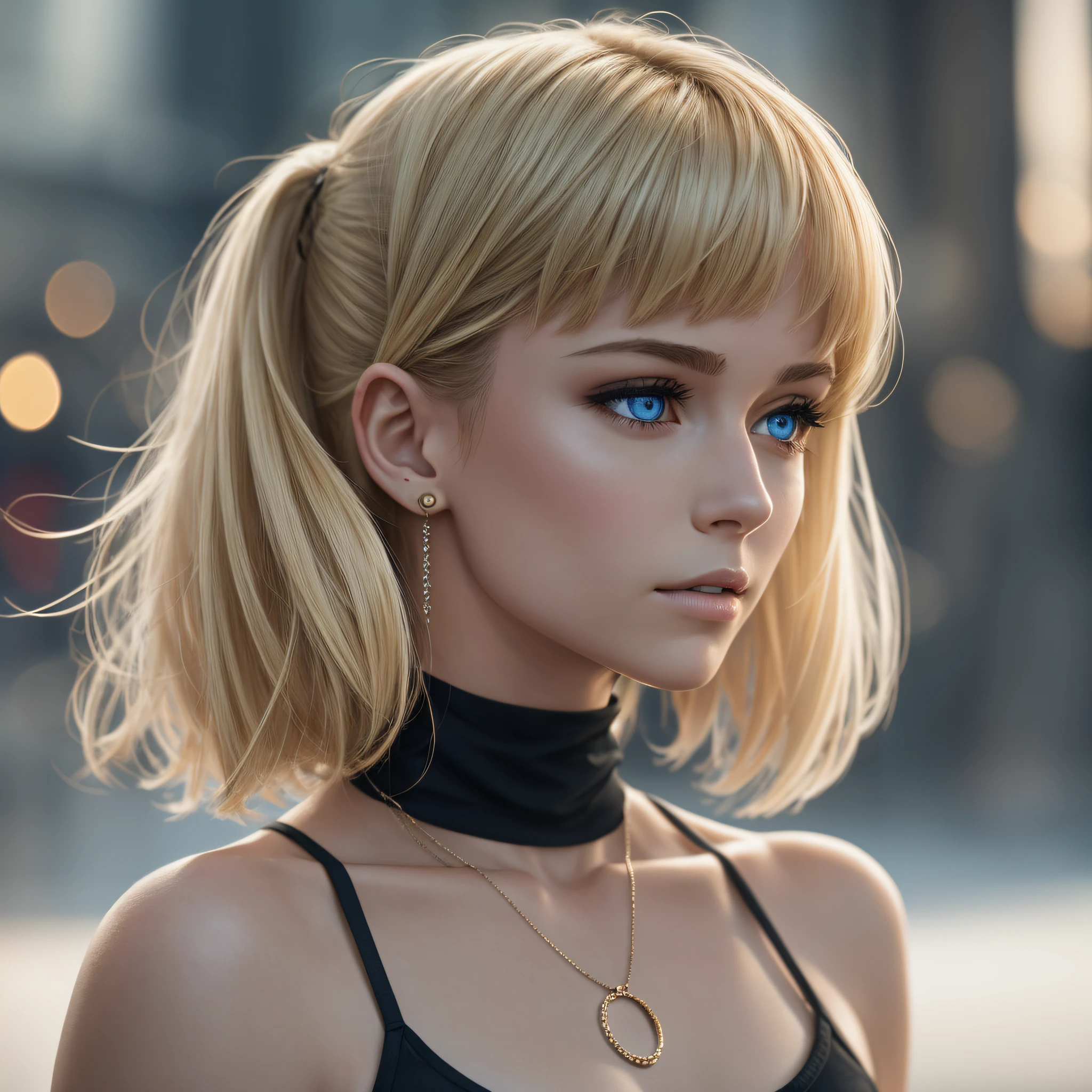 Slender, young, short blonde hair, blue eyes, in town, natural skin texture, 24mm, 4K textures, soft cinematic light, RAW photography, photorealistic, photorealistic, complex, elegant, highly detailed, sharp focus, (((cinematic look))), calm Tone, Insane Detail, Complex Detail, Ultra Detail, High Contrast, Soft Cinematic Light, Dim Colors, Exposure Blending, HDR, Faded, Cold, Waist Thin, Well-Proportioned, (8k, 4k, Top Quality, Hi-Res: 1.1), (Realistic, Photorealistic: 1.1), Girl 1 People, Solo, Face, Twin Tails, Blonde Hair, Bangs, Long Hair, Necklace, Earrings, Lips, Eye Shadow, Jewelry, (Viewer Looking For: 1.8), Spaghetti Straps, Detail, High Contrast, from_side, srfc, stunning complex full color portrait, wearing black turtleneck, spectacular character composition, by Ilya Kubushinov, Alessio Albi, Nina Masic, sharp focus, natural light, sub-surface scatter, f2, 35mm, film grain, --auto --s2