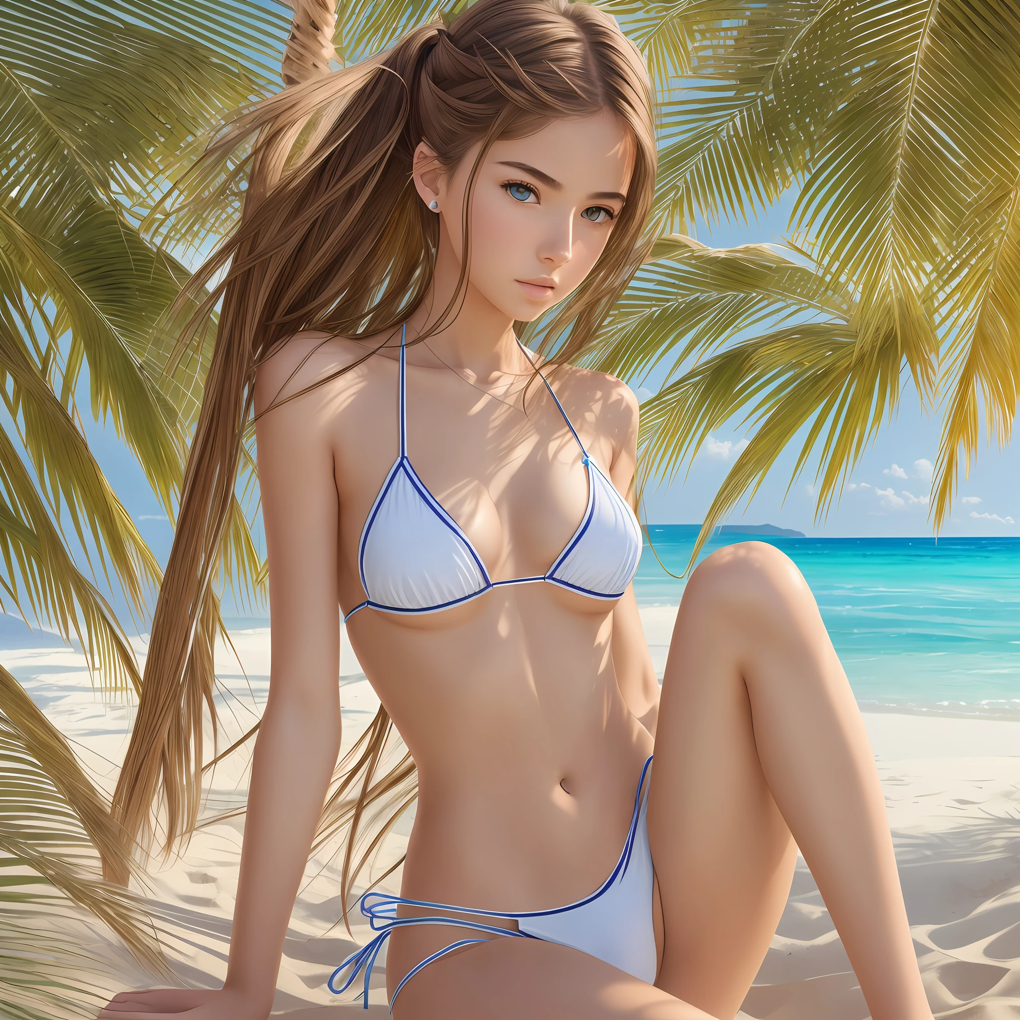 photorealistic, realistic, RAW photo, masterpiece, highest quality, high resolution, illustration 1girl, random hairstyle, slim legs, perfect face, eyes with beautiful details, fair skin, (micro bikini, simple design), beach shy pretty girl --auto --s2