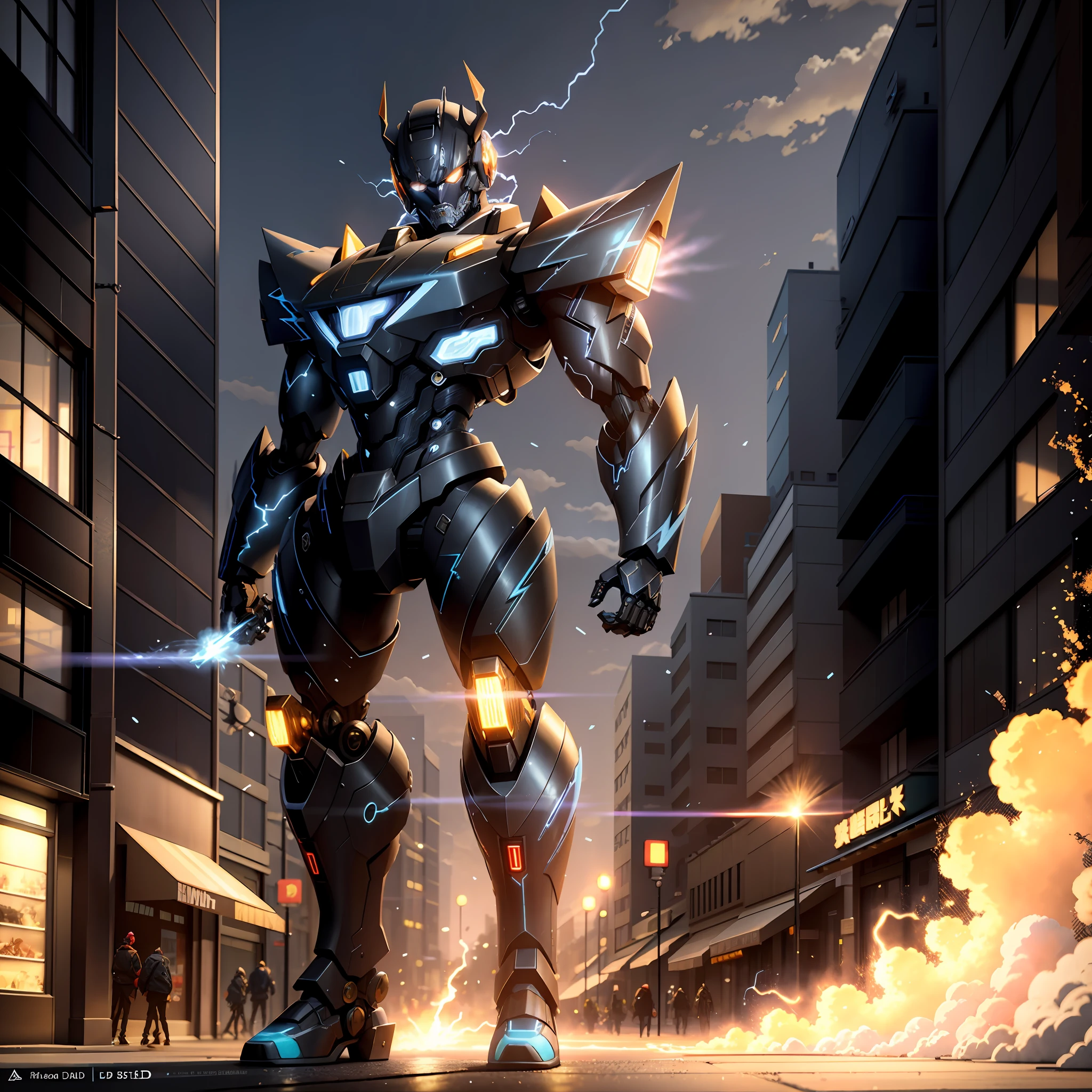 (Demon God Mecha, 3D rendering, blue and black lightning particles emitting around), background city street center, clear HD, 8K resolution, very detailed, digital painting, concept art, Shinkai Makoto style, pop popularization trend, pop, pop trend.