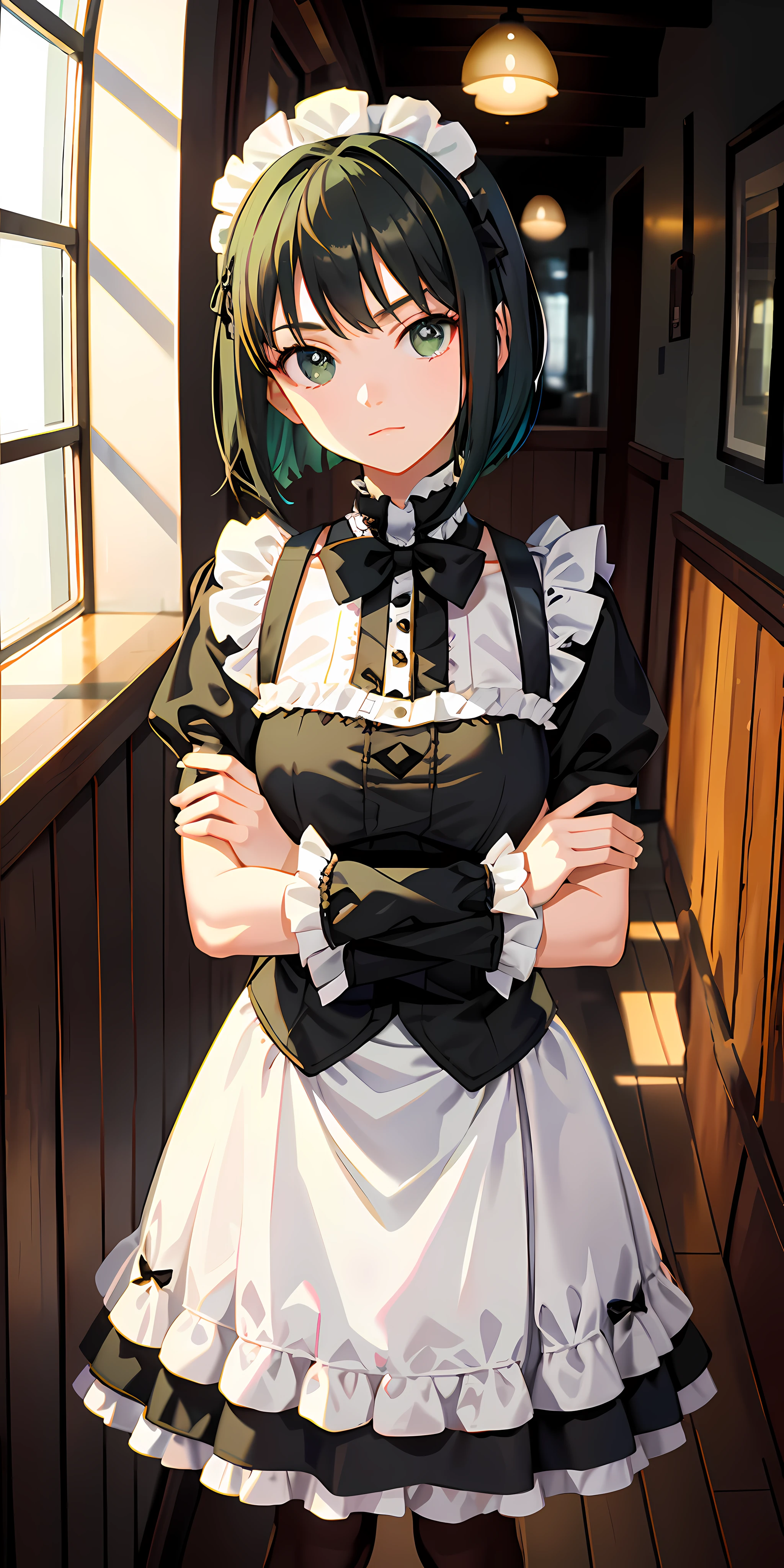 Promotional photo, location is a coffee shop, 1 girl, posing with arms crossed and leaning against the wall, 17-year-old face, (cold eyes), (hair color is green), short bob hair, gothic lolita with the image of a melon and half costume of maid costume, wearing white tights,