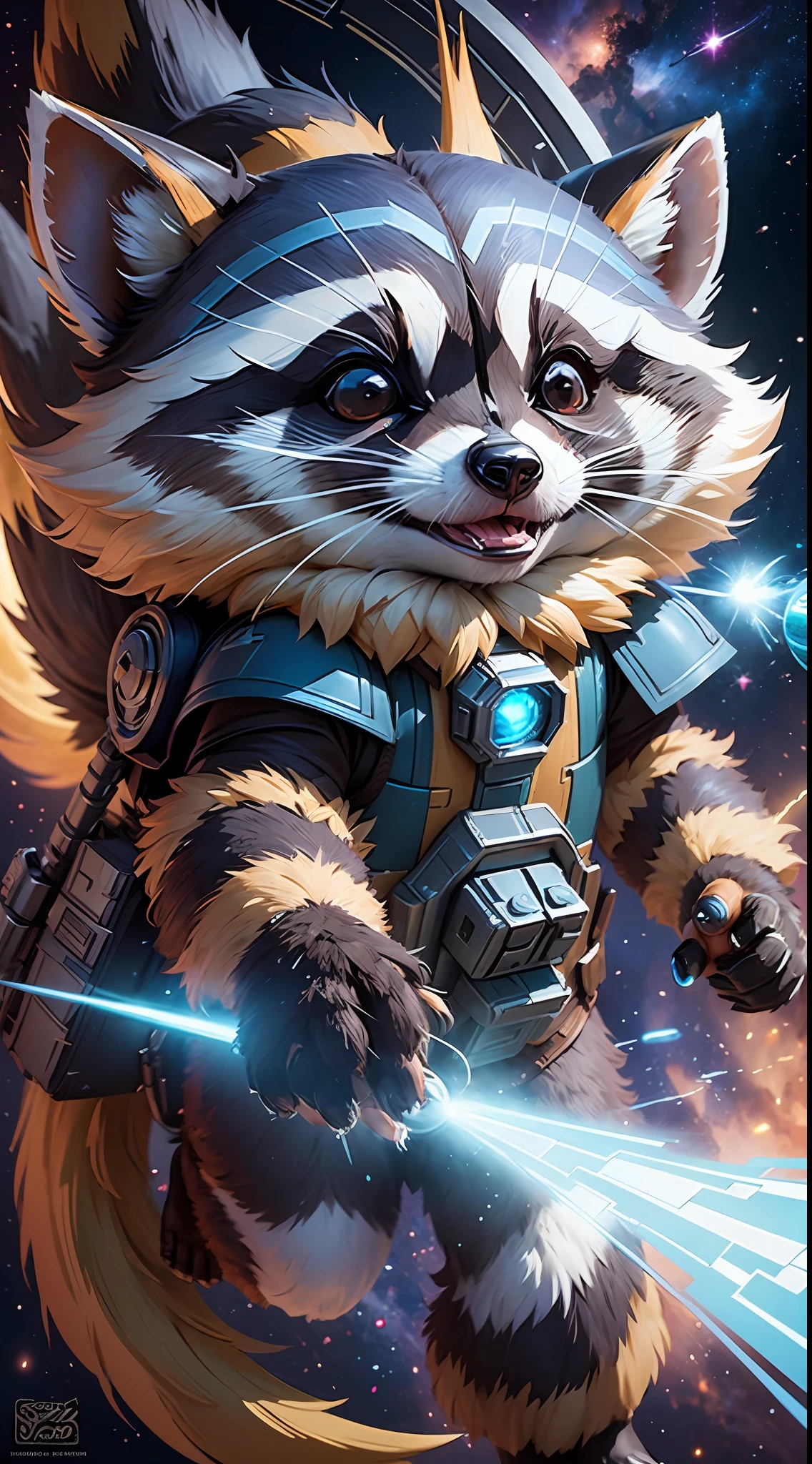 Raccoon Rocket from the movie Marvel Guardians of the Galaxy, full-length, ultra detailed, elaborate costume, shoots from a blaster, space, ship cabin, a lot of details, careful detailing, ultra detailing, the atmosphere of a good fairy tale, muted colors, like a drawing from a book