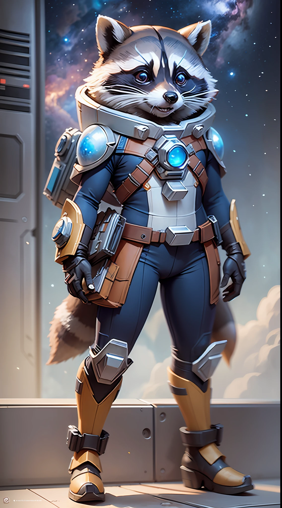 Raccoon Rocket from the movie Marvel Guardians of the Galaxy, full-length, ultra detailed, elaborate costume, shoots from a blaster, space, ship cabin, a lot of details, careful detailing, ultra detailing, the atmosphere of a good fairy tale, muted colors, like a drawing from a book