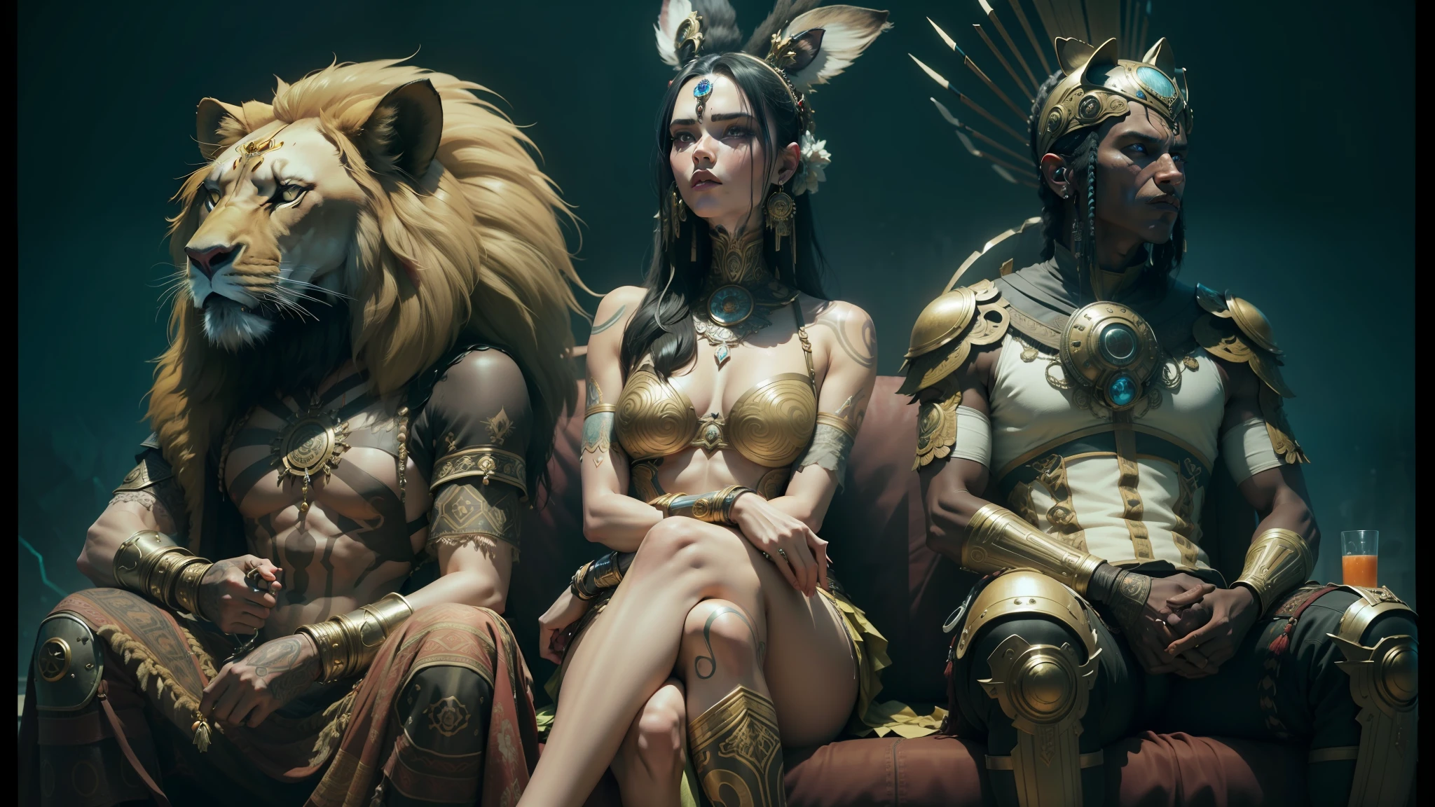three people dressed in native style sitting on a couch, intricate transhuman, lion warrior, modeling photograph kerli koiv, 2 0 2 1 cinematic 4 k framegrab, style of karol bak, cybercat, cheburashka, peter kemp, mayan, shot on arri alexa, panoramic anamorphic, olga buzova, by Steven Campbell --auto --s2